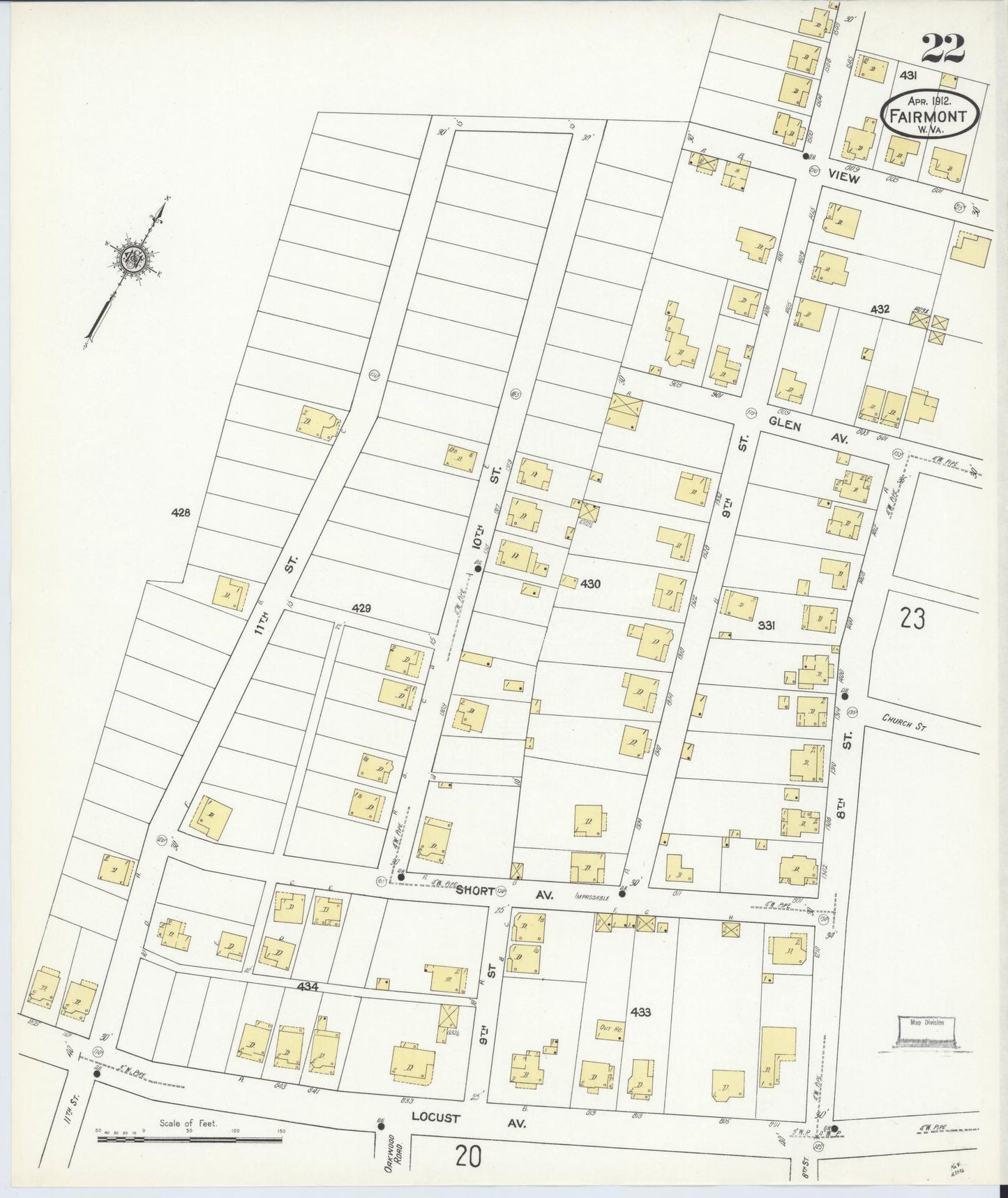 Sanborn Fire Insurance Map from Fairmont, Marion County, West Virginia (1912), Sheet #0022 - Historic Sanborn Fire Insurance Map Print, vintage old map wall art, antique decor, genealogy gift, West Virginia West Virginia map