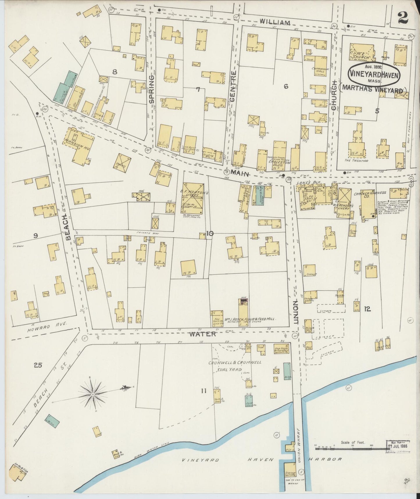 Sanborn Fire Insurance Map from Vineyard Haven, Dukes County, Massachusetts (1892), Sheet #0002 - Historic Sanborn Fire Insurance Map Print, vintage old map wall art, antique decor, genealogy gift, Massachusetts Massachusetts map