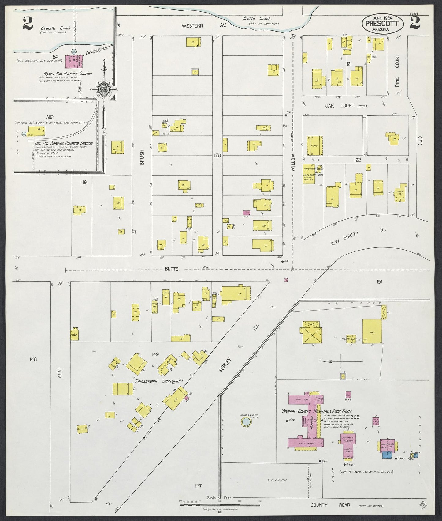 Sanborn Fire Insurance Map from Prescott, Yavapai County, Arizona (1924), Sheet #0002 - Historic Sanborn Fire Insurance Map Print, vintage old map wall art, antique decor, genealogy gift, Arizona Arizona map