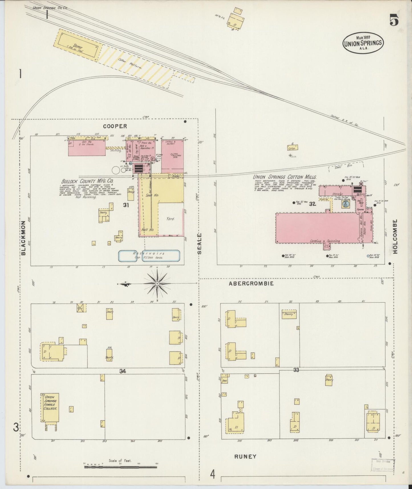 Sanborn Fire Insurance Map from Union Springs, Bullock County, Alabama (1897), Sheet #0005 - Historic Sanborn Fire Insurance Map Print, vintage old map wall art, antique decor, genealogy gift, Alabama Alabama map