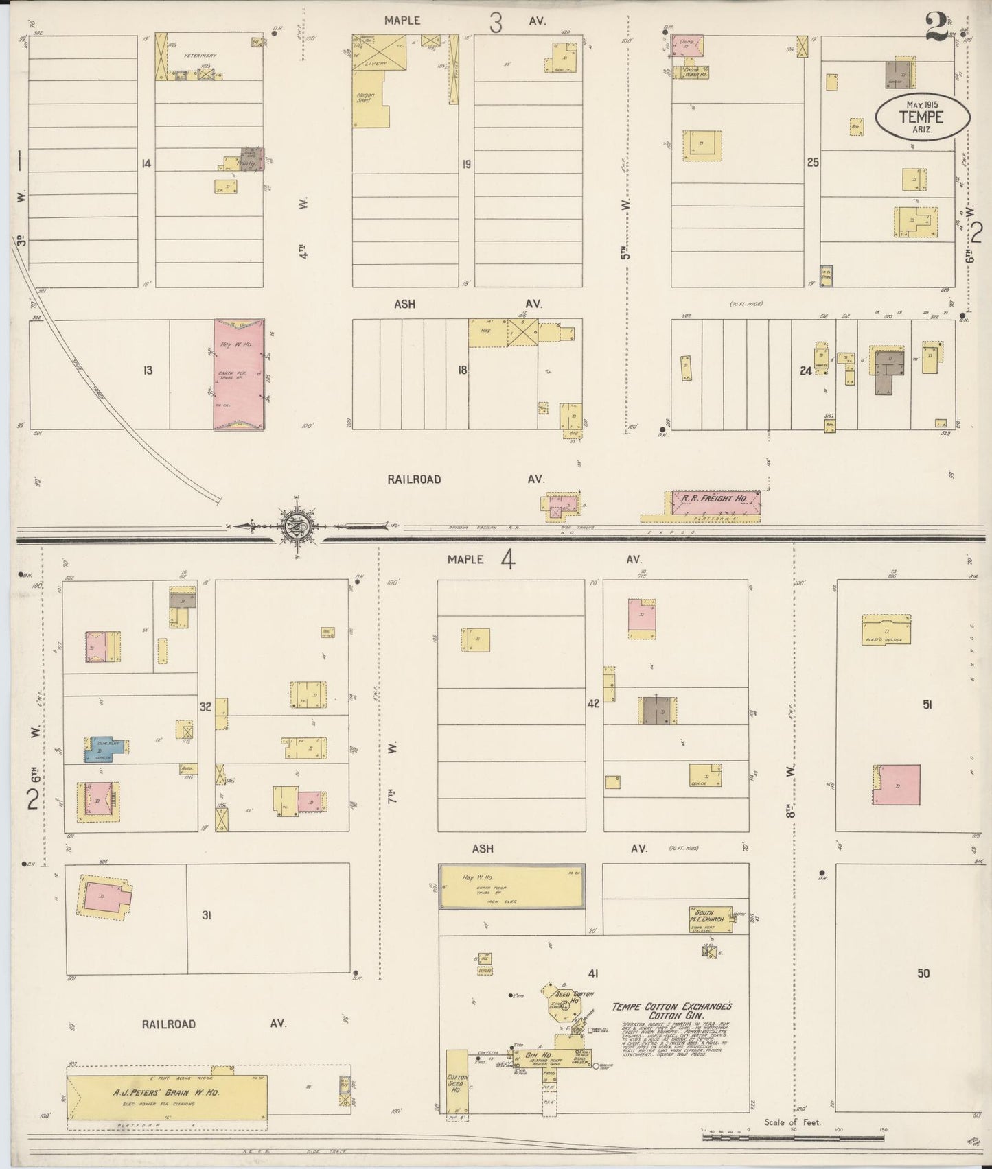 Sanborn Fire Insurance Map from Tempe, Maricopa County, Arizona (1915), Sheet #0002 - Historic Sanborn Fire Insurance Map Print, vintage old map wall art, antique decor, genealogy gift, Arizona Arizona map