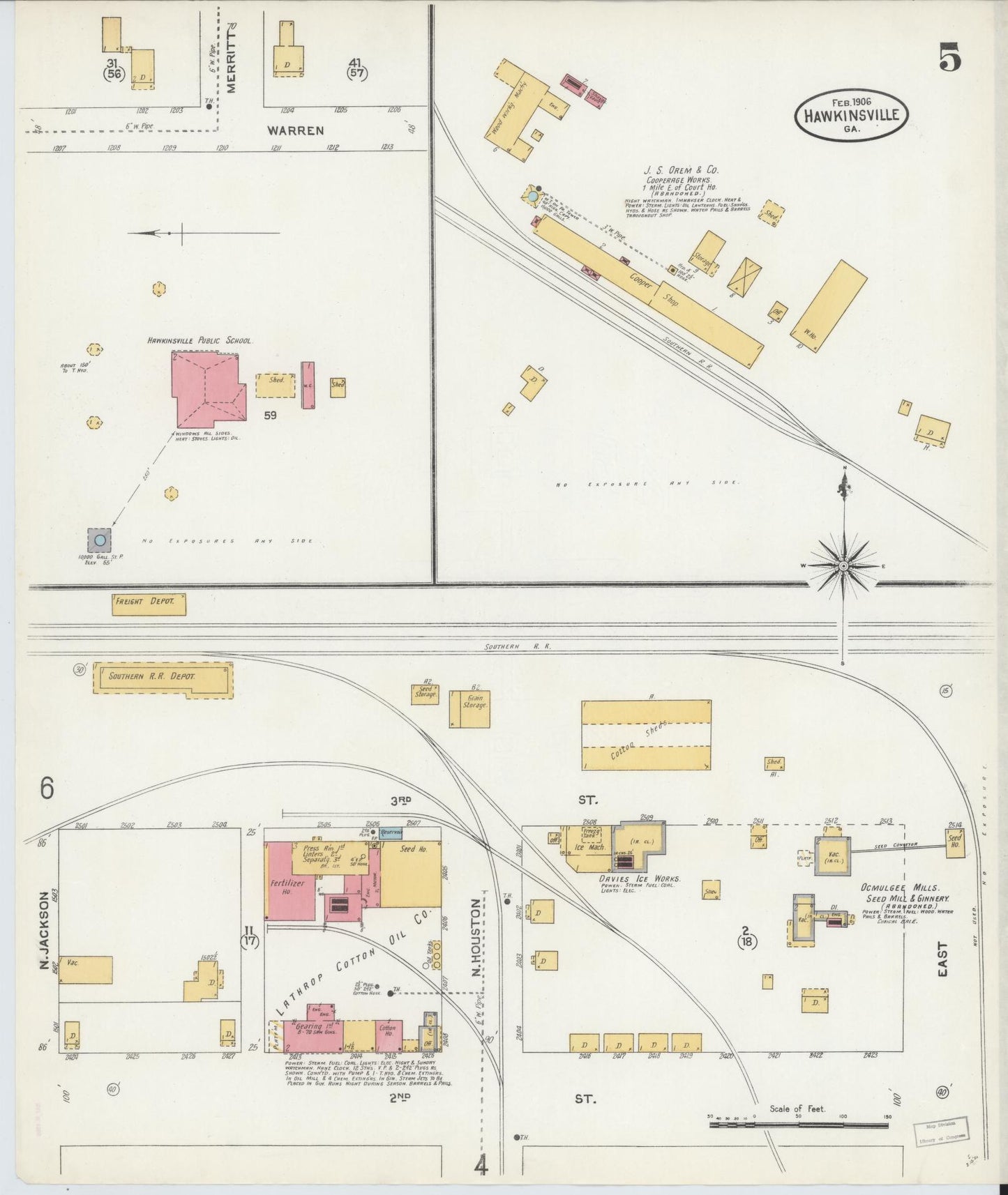 Sanborn Fire Insurance Map from Hawkinsville, Pulaski County, Georgia (1906), Sheet #0005 - Historic Sanborn Fire Insurance Map Print, vintage old map wall art, antique decor, genealogy gift, Georgia Georgia map
