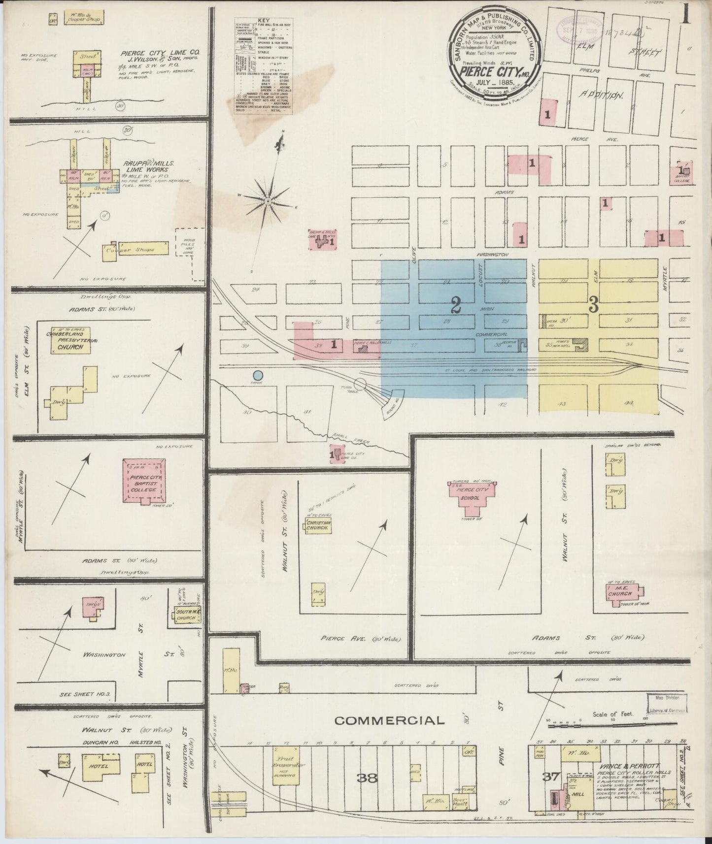 Sanborn Fire Insurance Map from Pierce City, Lawrence County, Missouri (1885), Sheet #0001 - Historic Sanborn Fire Insurance Map Print, vintage old map wall art, antique decor, genealogy gift, Missouri Missouri map