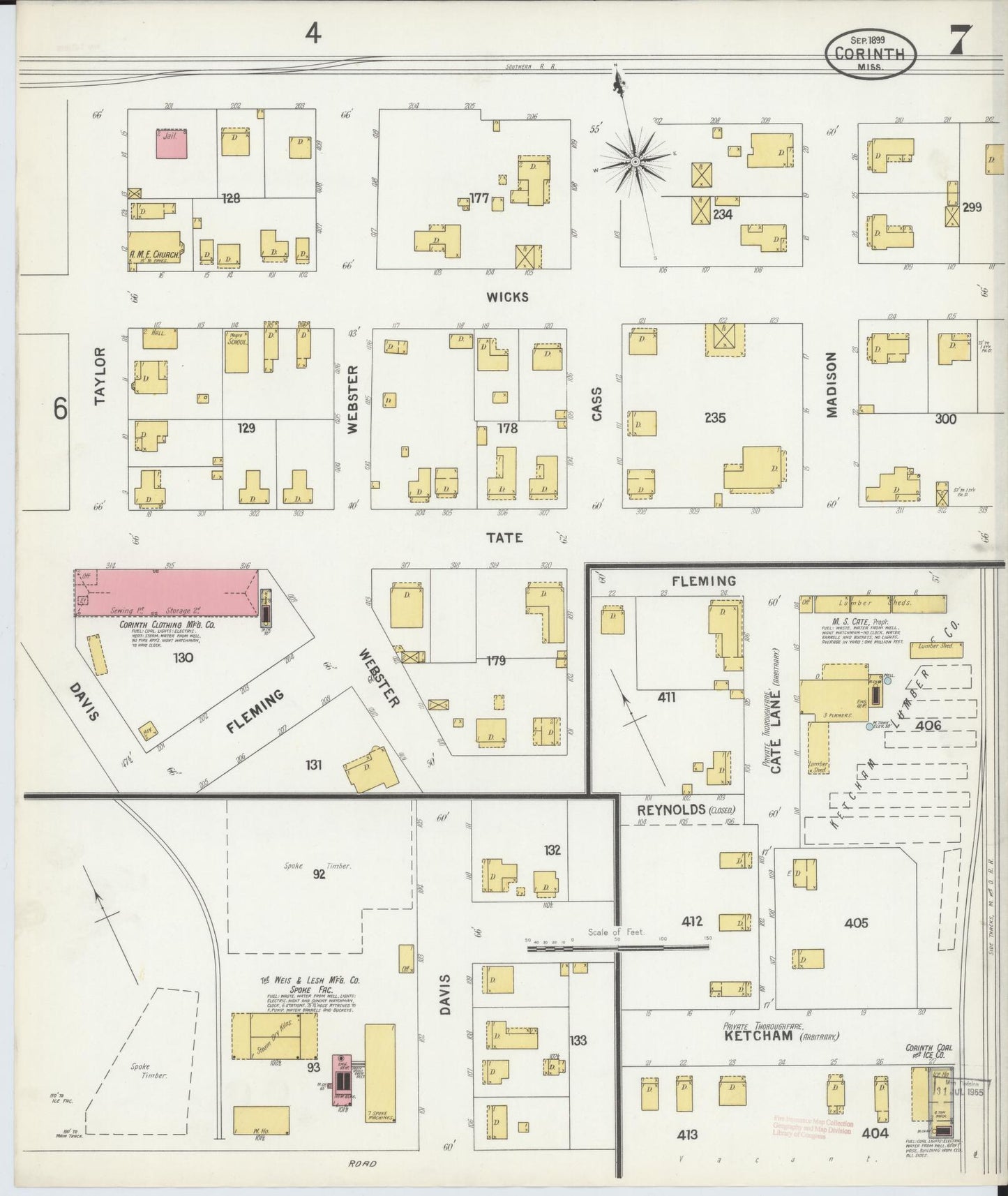 Sanborn Fire Insurance Map from Corinth, Alcorn County, Mississippi (1899), Sheet #0007 - Historic Sanborn Fire Insurance Map Print, vintage old map wall art, antique decor, genealogy gift, Mississippi Mississippi map
