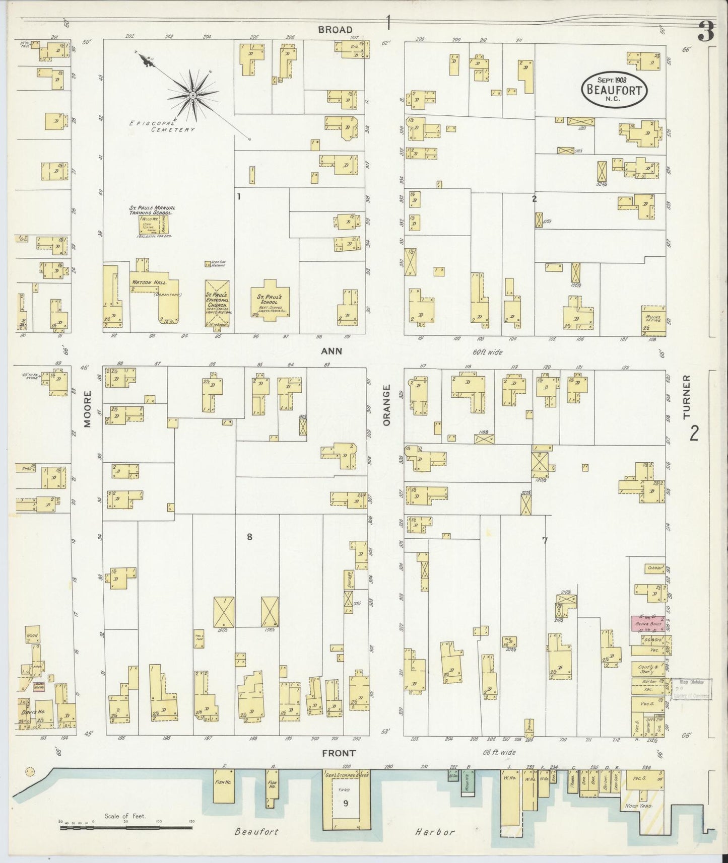 Sanborn Fire Insurance Map from Beaufort, Carteret County, North Carolina (1908), Sheet #0003 - Historic Sanborn Fire Insurance Map Print, vintage old map wall art, antique decor, genealogy gift, North Carolina North Carolina map