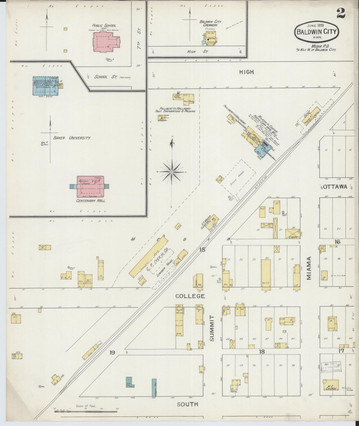 Sanborn Fire Insurance Map from Baldwin City, Douglas County, Kansas (1893), Sheet #0002 - Complete Map Set gallery image, historic Sanborn map, vintage wall art, Kansas Kansas