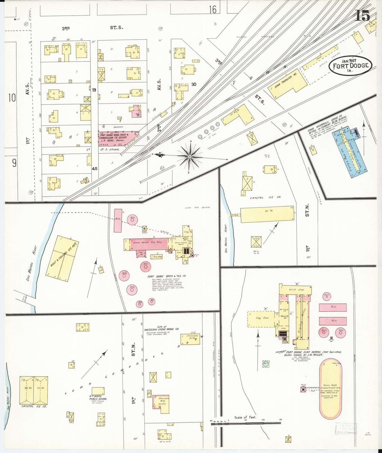 Sanborn Fire Insurance Map from Fort Dodge, Webster County, Iowa (1907), Sheet #0015 - Historic Sanborn Fire Insurance Map Print, vintage old map wall art