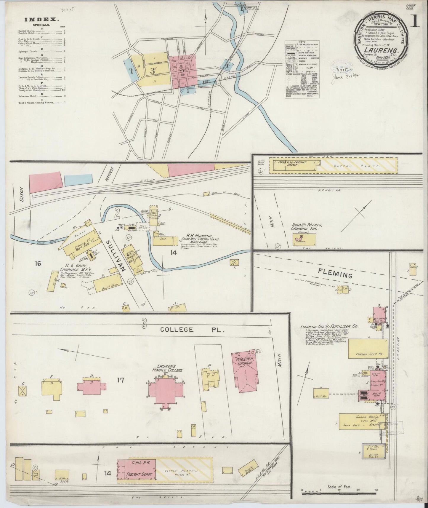 Sanborn Fire Insurance Map from Laurens, Laurens County, South Carolina (1894), Sheet #0001 - Historic Sanborn Fire Insurance Map Print, vintage old map wall art, antique decor, genealogy gift, South Carolina South Carolina map