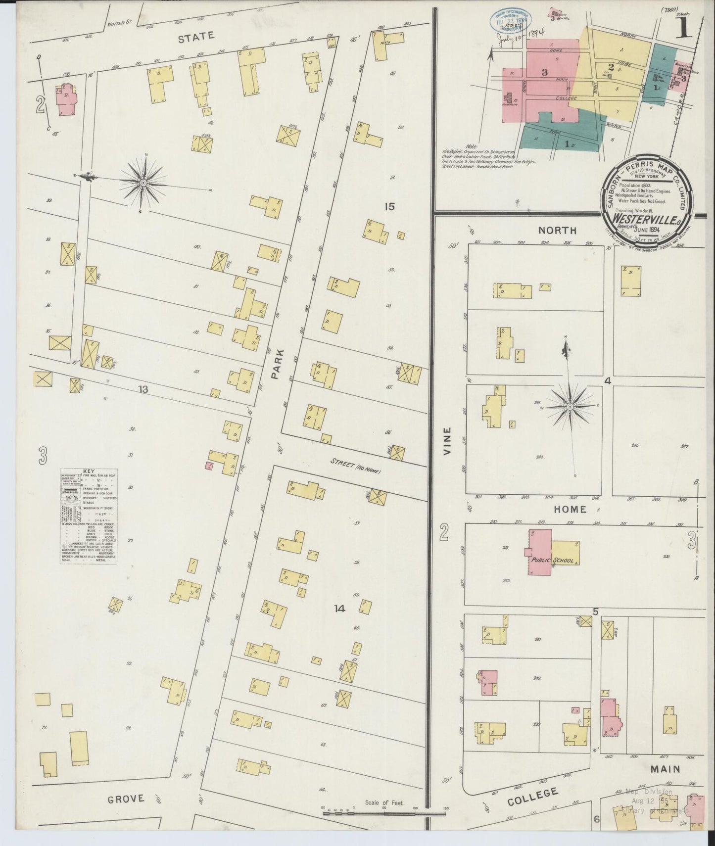 Sanborn Fire Insurance Map from Westerville, Franklin County, Ohio (1894), Sheet #0001 - Historic Sanborn Fire Insurance Map Print, vintage old map wall art, antique decor, genealogy gift, Ohio Ohio map