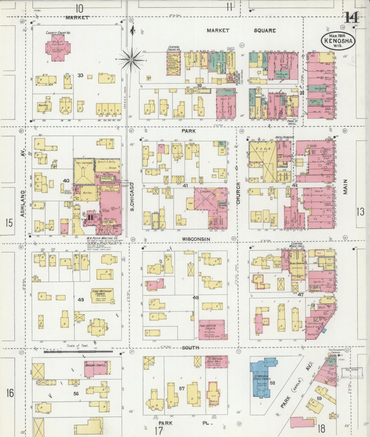 Sanborn Fire Insurance Map from Kenosha, Kenosha County, Wisconsin (1905), Sheet #0014 - Historic Sanborn Fire Insurance Map Print, vintage old map wall art, antique decor, genealogy gift, Wisconsin Wisconsin map