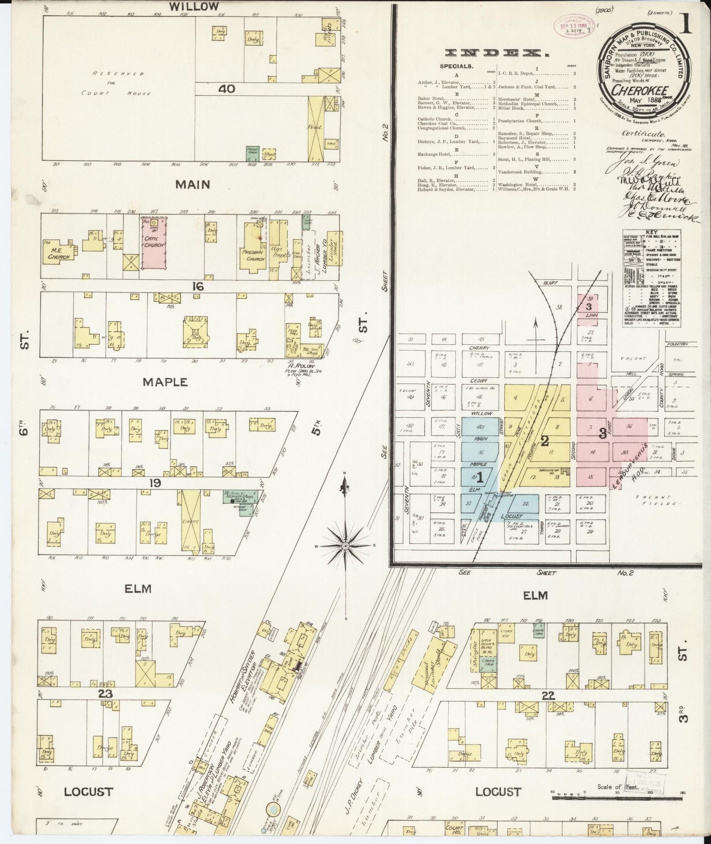 Sanborn Fire Insurance Map from Cherokee, Cherokee County, Iowa (1888), Sheet #0001 - Historic Sanborn Fire Insurance Map Print, vintage old map wall art