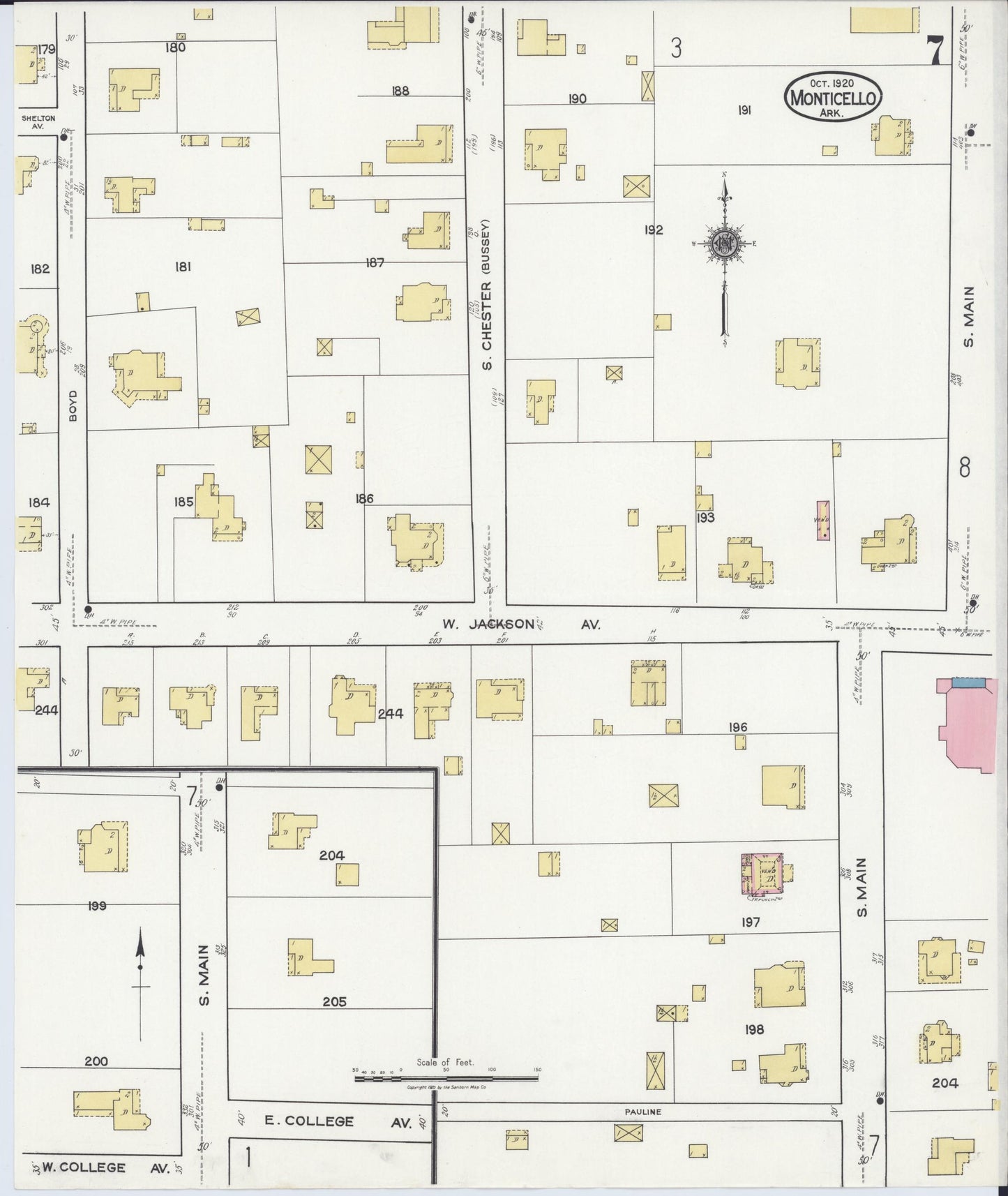Sanborn Fire Insurance Map from Monticello, Drew County, Arkansas (1920), Sheet #0007 - Historic Sanborn Fire Insurance Map Print, vintage old map wall art, antique decor, genealogy gift, Arkansas Arkansas map