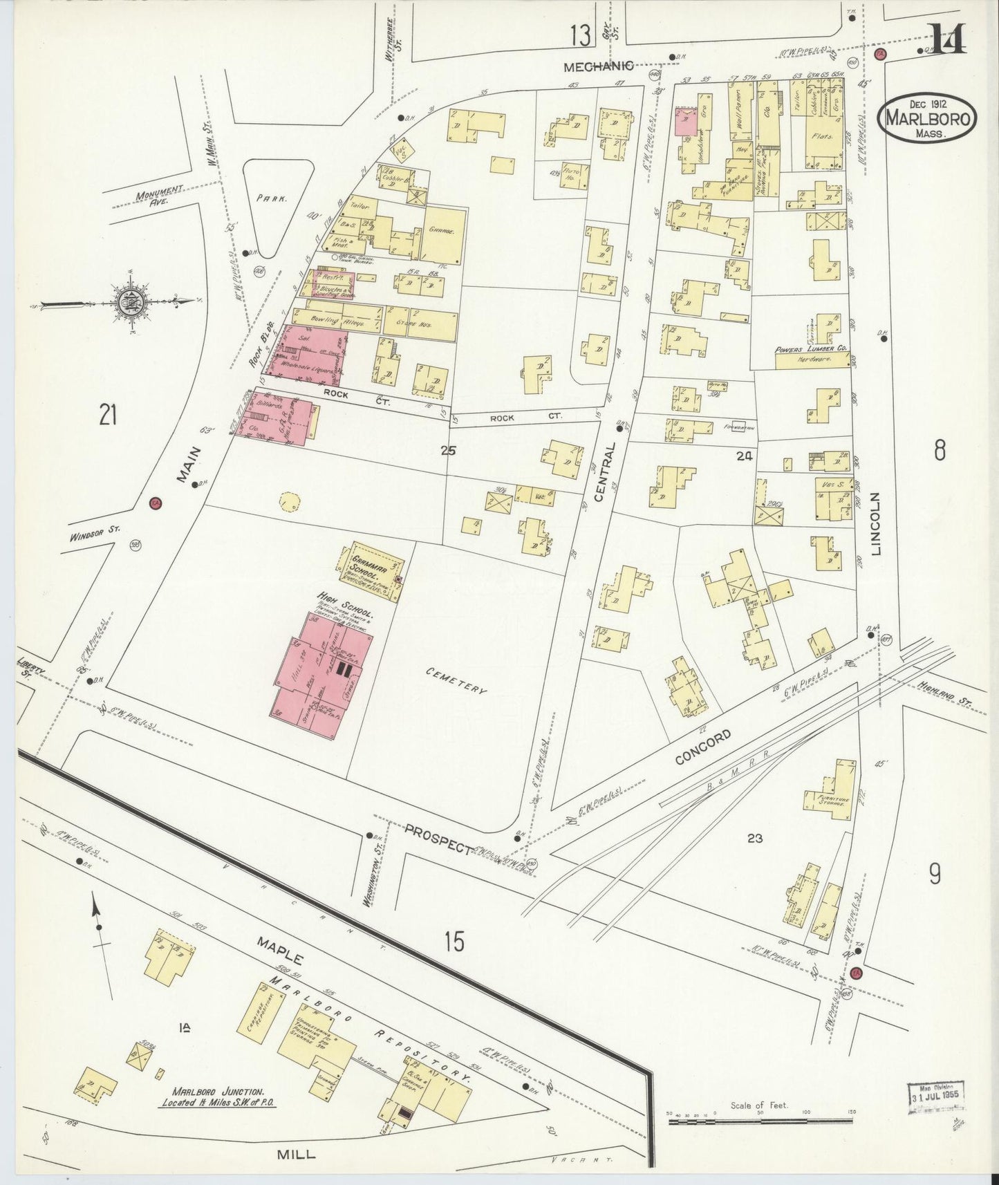 Sanborn Fire Insurance Map from Marlborough, Middlesex County, Massachusetts (1912), Sheet #0014 - Historic Sanborn Fire Insurance Map Print, vintage old map wall art, antique decor, genealogy gift, Massachusetts Massachusetts map