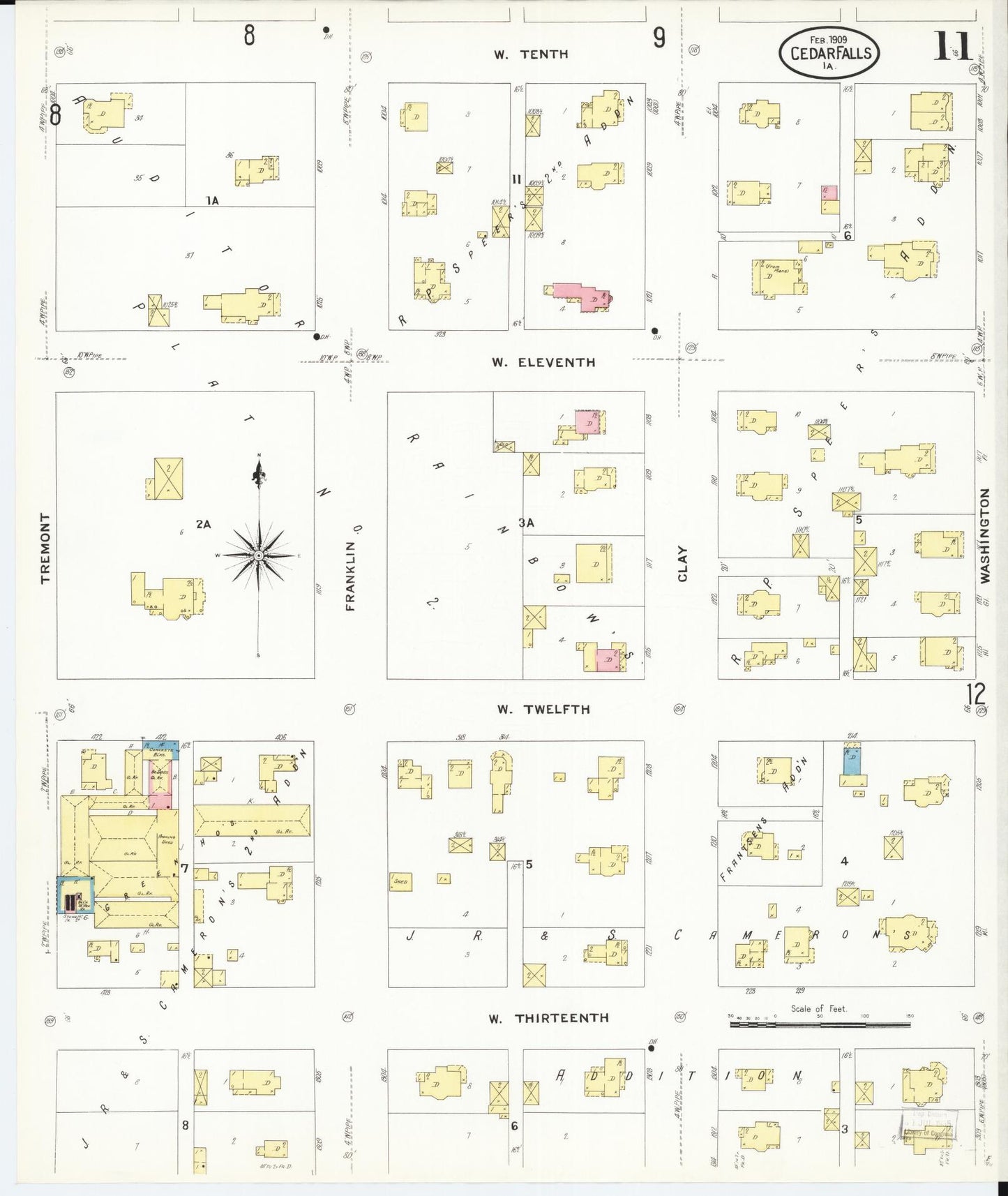 Sanborn Fire Insurance Map from Cedar Falls, Black Hawk County, Iowa (1909), Sheet #0011 - Historic Sanborn Fire Insurance Map Print, vintage old map wall art