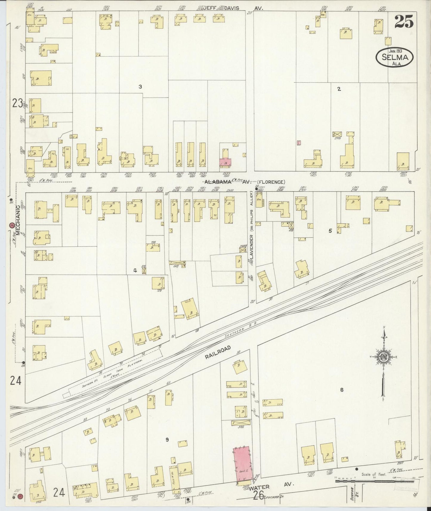Sanborn Fire Insurance Map from Selma, Dallas County, Alabama (1913), Sheet #0025 - Historic Sanborn Fire Insurance Map Print, vintage old map wall art, antique decor, genealogy gift, Alabama Alabama map