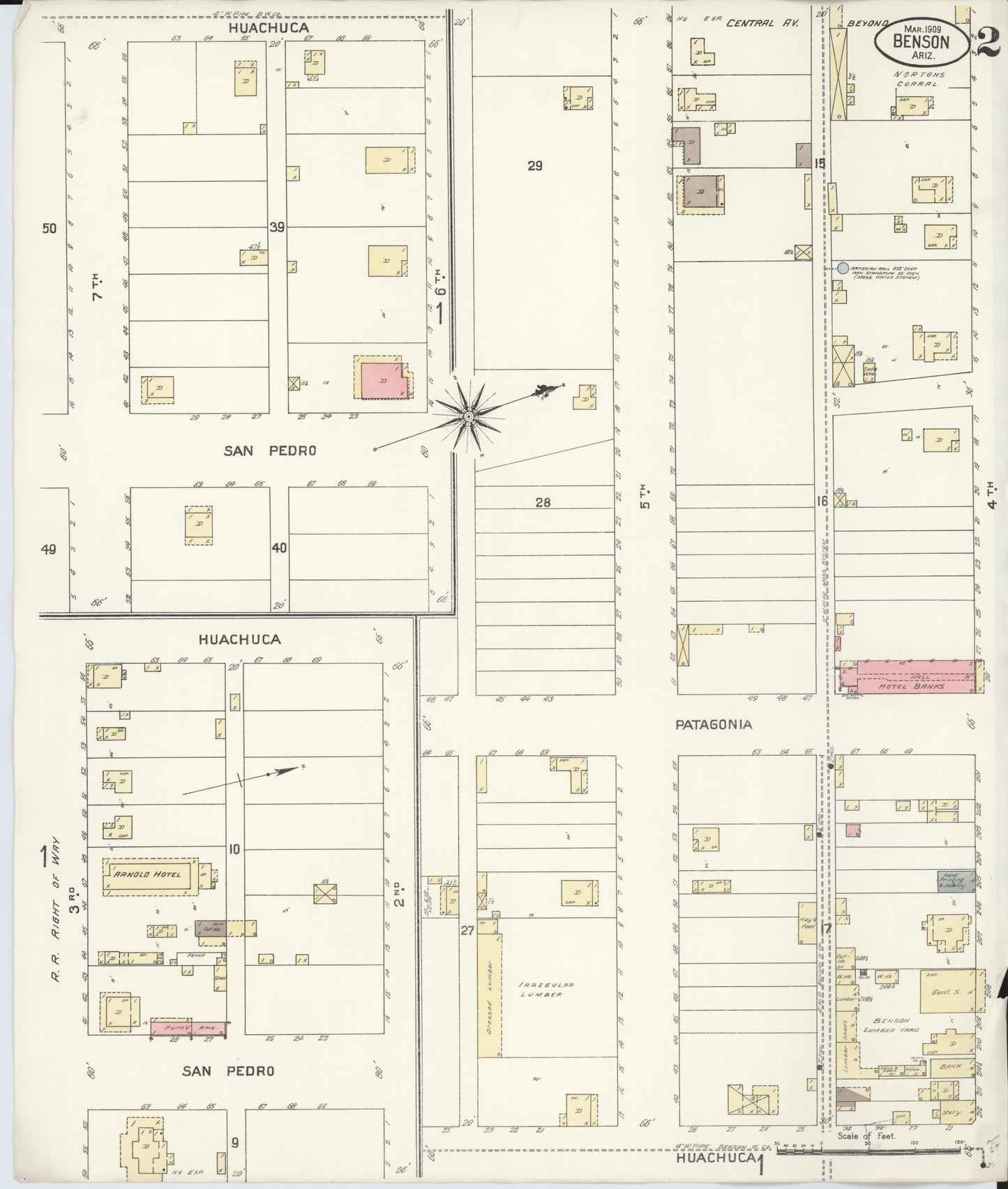 Sanborn Fire Insurance Map from Benson, Cochise County, Arizona (1909), Sheet #0002 - Complete Map Set gallery image, historic Sanborn map, vintage wall art, Arizona Arizona