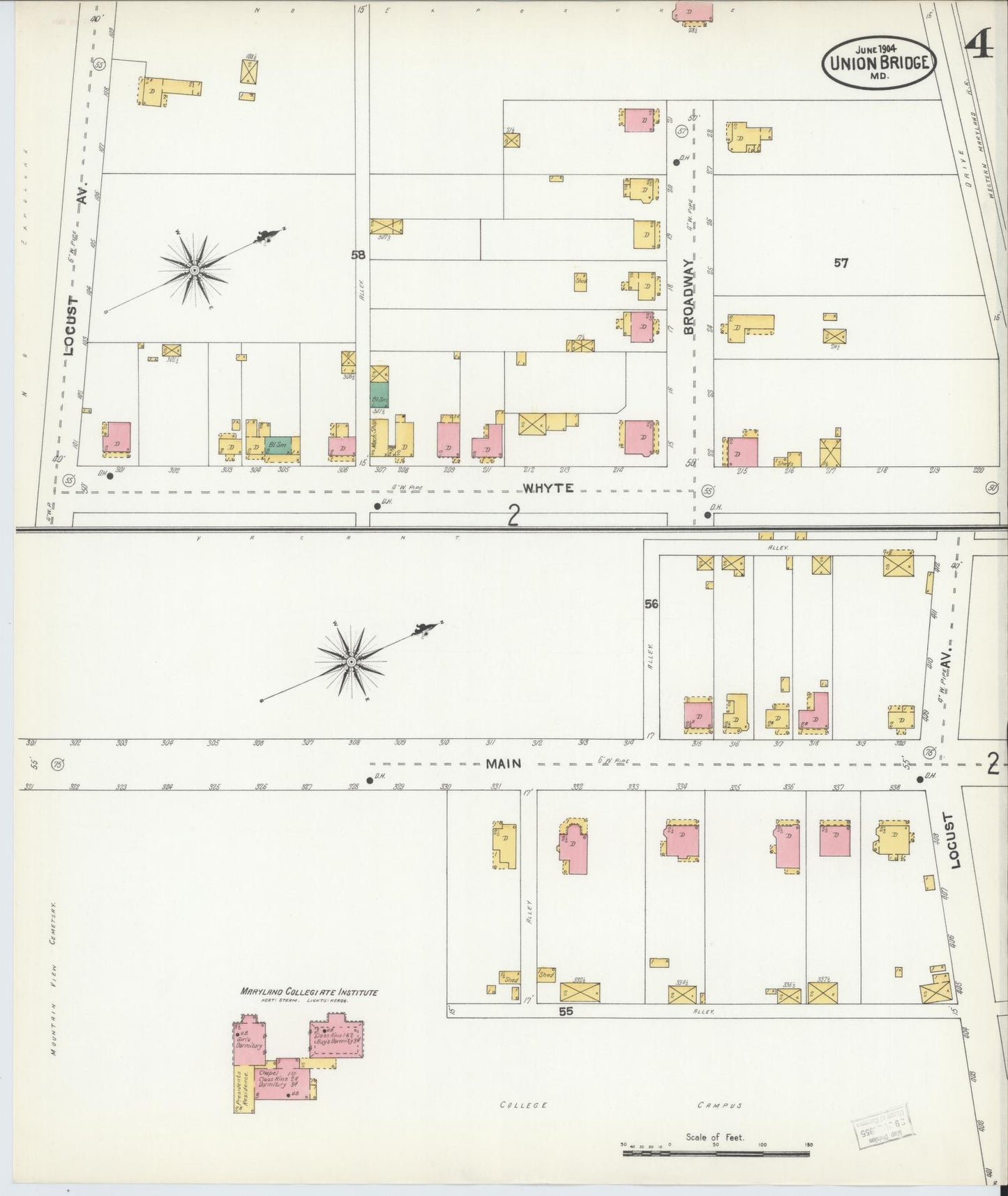 Sanborn Fire Insurance Map from Union Bridge, Carroll County, Maryland (1904), Sheet #0004 - Historic Sanborn Fire Insurance Map Print, vintage old map wall art, antique decor, genealogy gift, Maryland Maryland map