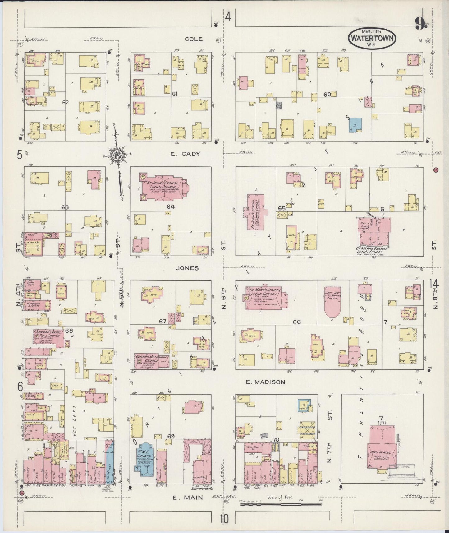Sanborn Fire Insurance Map from Watertown, Jefferson County, Wisconsin (1915), Sheet #0010 - Historic Sanborn Fire Insurance Map Print, vintage old map wall art, antique decor, genealogy gift, Wisconsin Wisconsin map