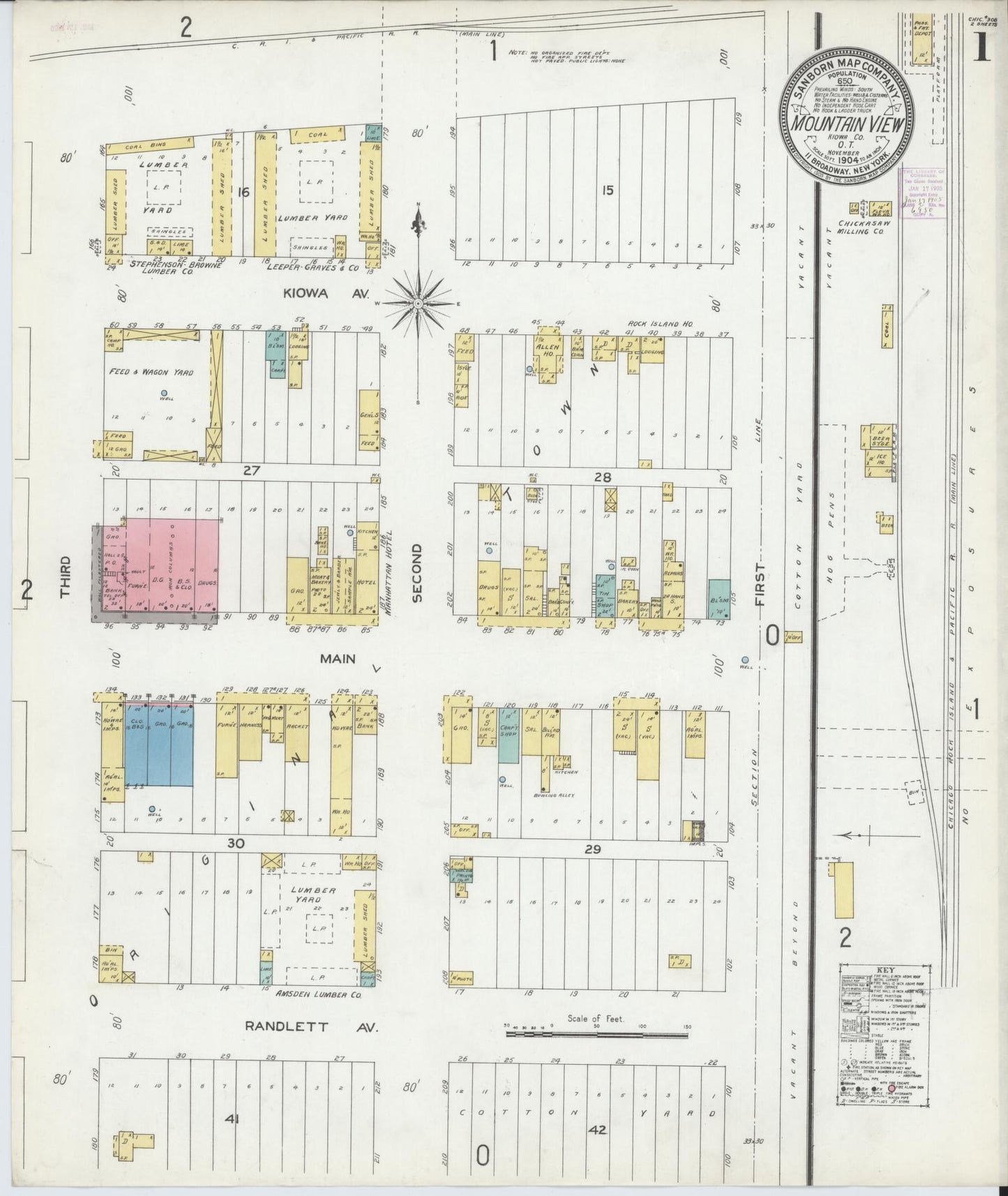 Sanborn Fire Insurance Map from Mountain View, Kiowa County, Oklahoma (1904), Sheet #0001 - Historic Sanborn Fire Insurance Map Print, vintage old map wall art, antique decor, genealogy gift, Oklahoma Oklahoma map