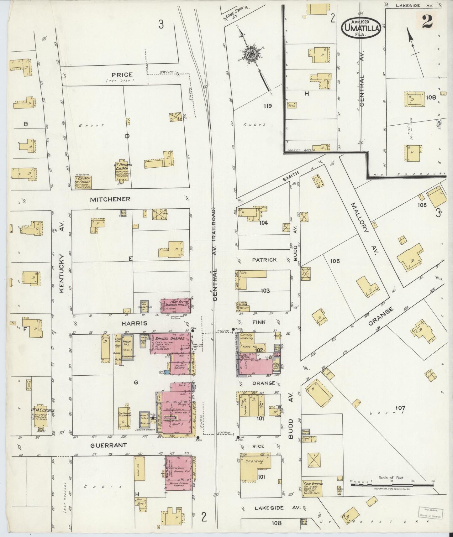 Sanborn Fire Insurance Map from Umatilla, Lake County, Florida (1920), Sheet #0002 - Historic Sanborn Fire Insurance Map Print, vintage old map wall art, antique decor, genealogy gift, Florida Florida map