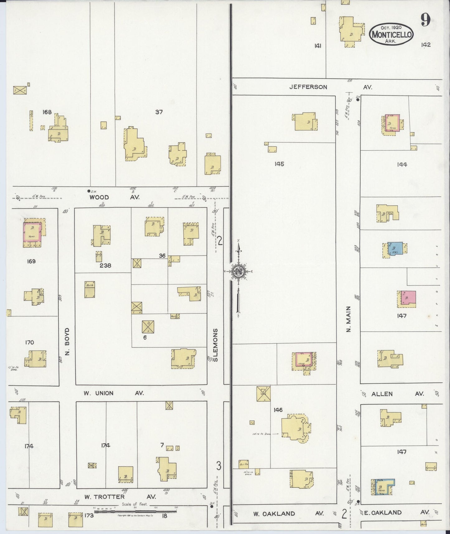 Sanborn Fire Insurance Map from Monticello, Drew County, Arkansas (1920), Sheet #0009 - Historic Sanborn Fire Insurance Map Print, vintage old map wall art, antique decor, genealogy gift, Arkansas Arkansas map