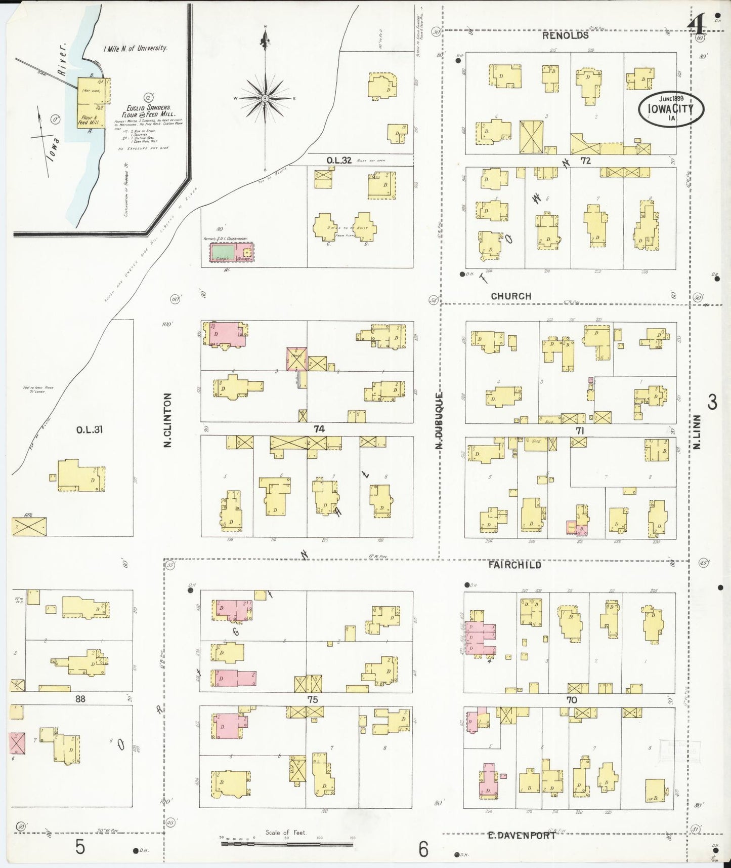 Sanborn Fire Insurance Map from Iowa City, Johnson County, Iowa (1899), Sheet #0004 - Historic Sanborn Fire Insurance Map Print, vintage old map wall art