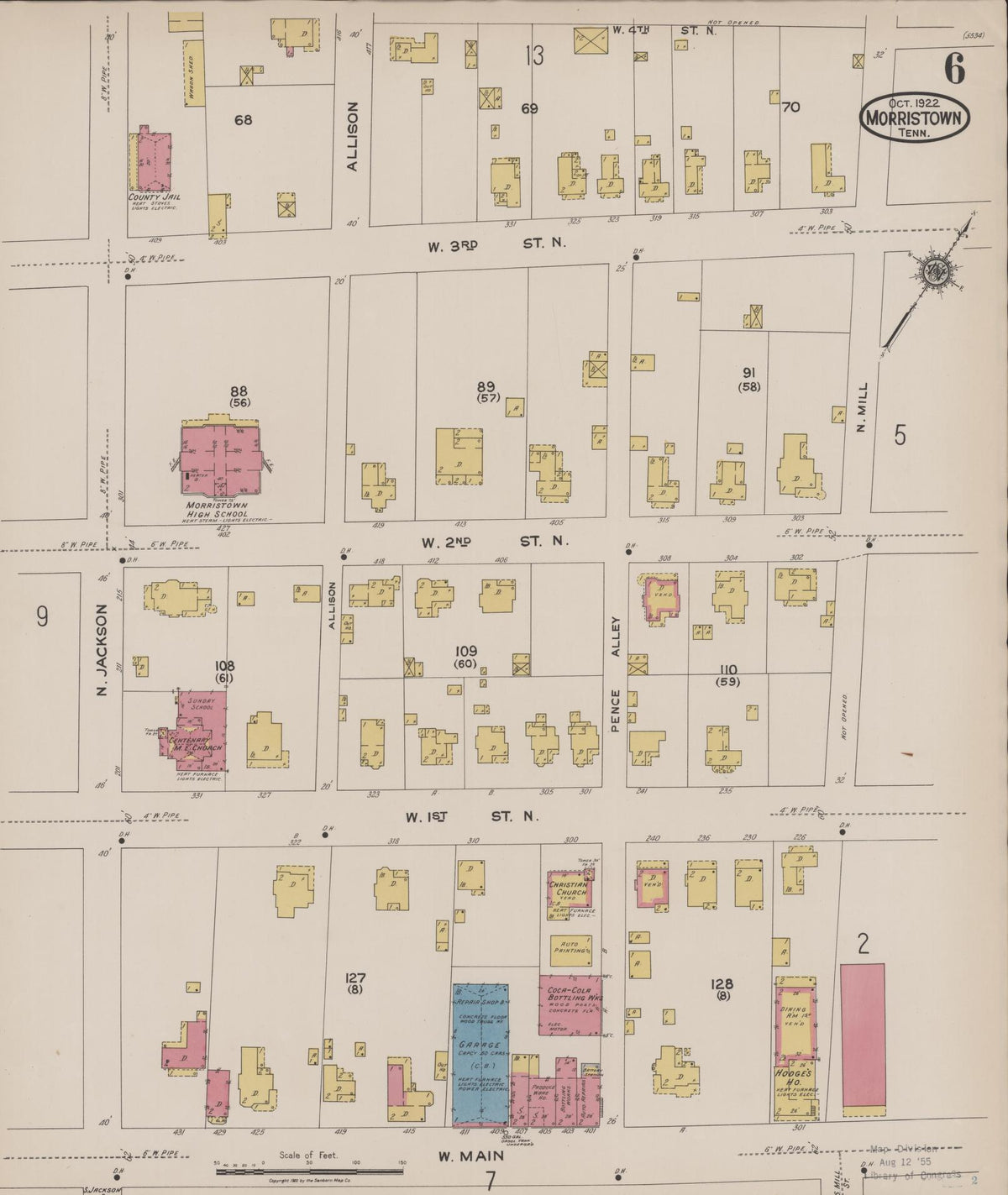 Sanborn Fire Insurance Map from Morristown, Hamblen County, Tennessee (1922), Sheet #0006 - Historic Sanborn Fire Insurance Map Print, vintage old map wall art, antique decor, genealogy gift, Tennessee Tennessee map