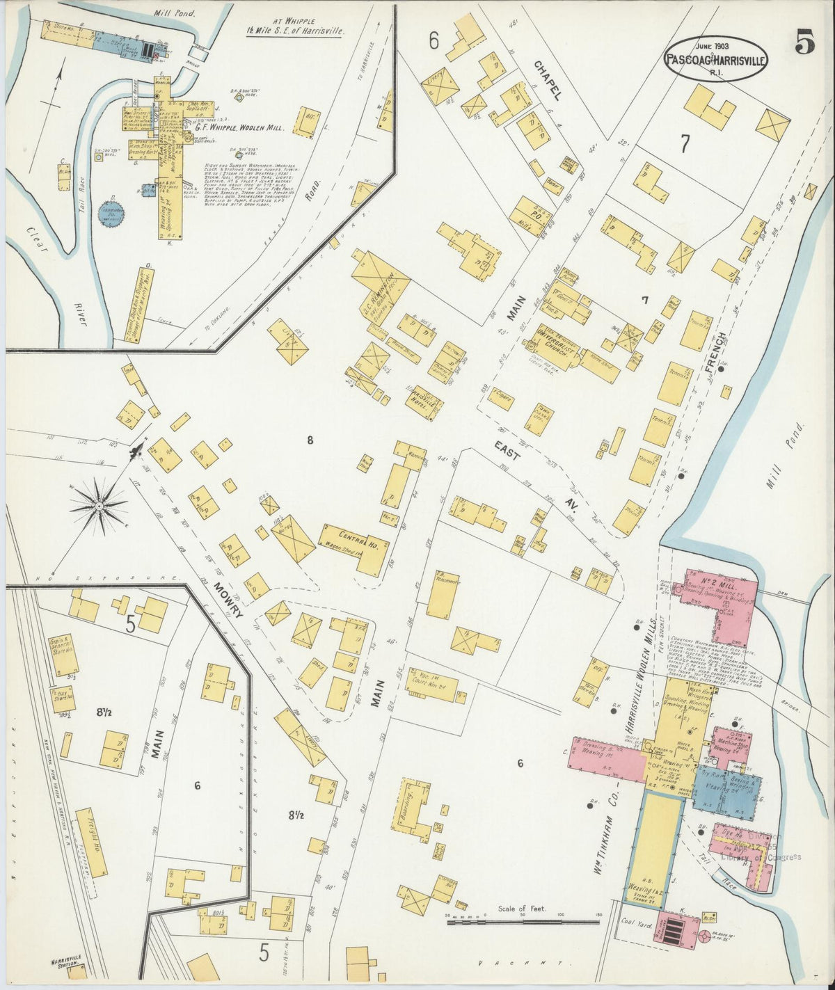 Sanborn Fire Insurance Map from Pascoag, Providence County, Rhode Island (1903), Sheet #0005 - Historic Sanborn Fire Insurance Map Print, vintage old map wall art, antique decor, genealogy gift, Rhode Island Rhode Island map