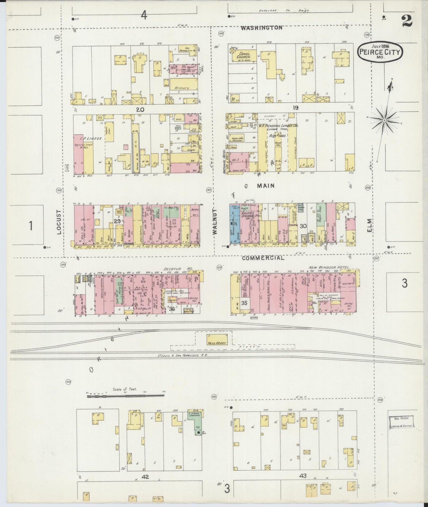 Sanborn Fire Insurance Map from Pierce City, Lawrence County, Missouri (1896), Sheet #0002 - Historic Sanborn Fire Insurance Map Print, vintage old map wall art, antique decor, genealogy gift, Missouri Missouri map