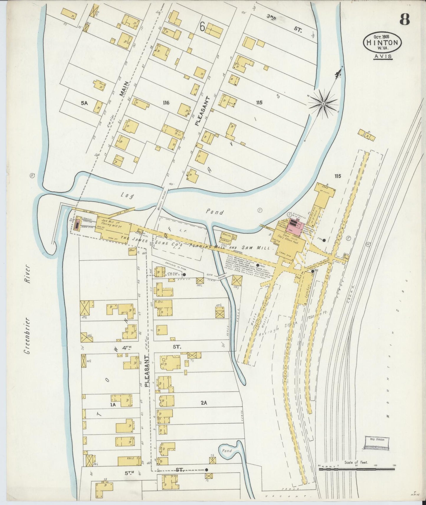Sanborn Fire Insurance Map from Hinton, Summer County, West Virginia (1905), Sheet #0008 - Complete Map Set gallery image, historic Sanborn map, vintage wall art, West Virginia West Virginia