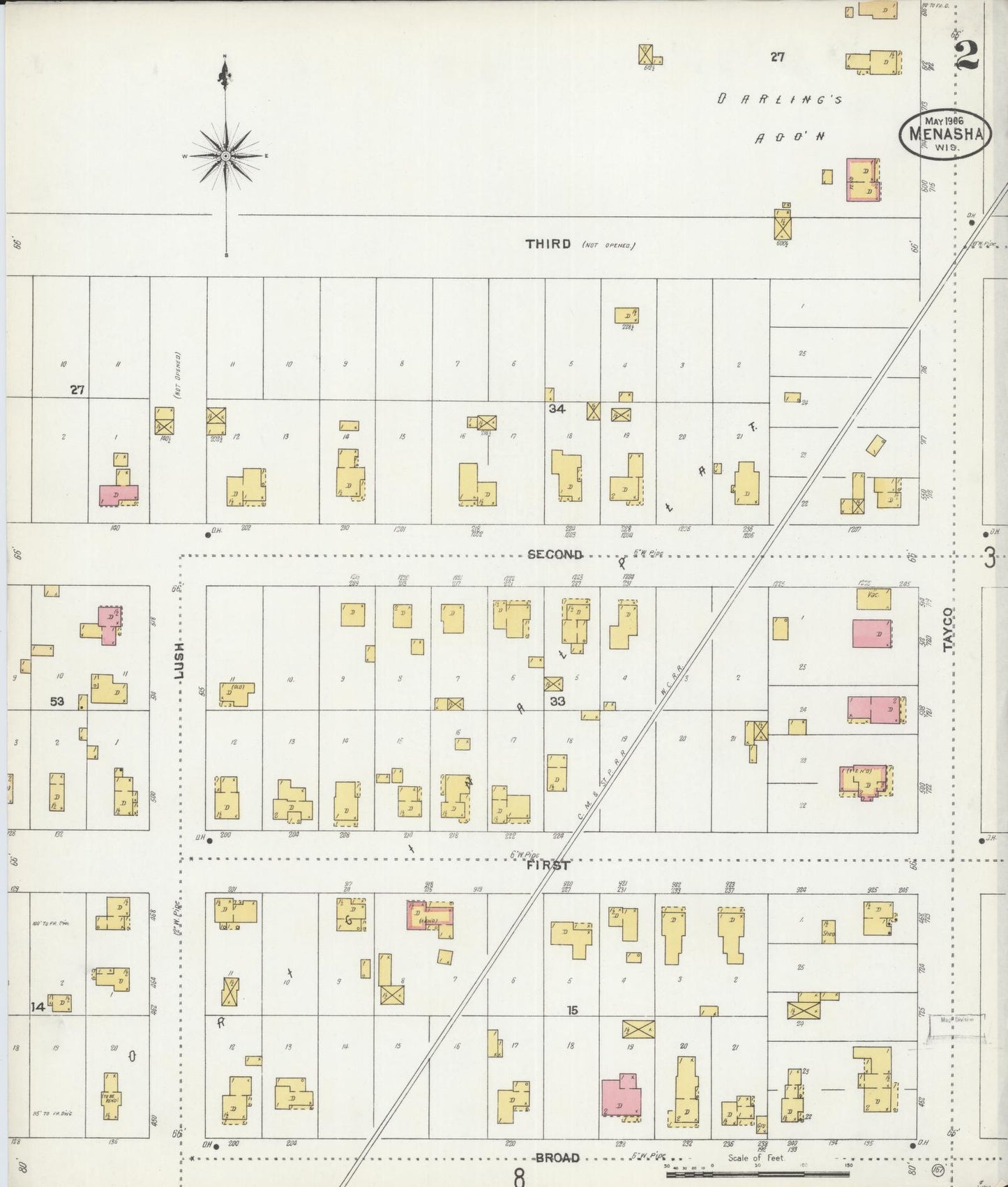 Sanborn Fire Insurance Map from Menasha, Winnebago County, Wisconsin (1906), Sheet #0002 - Historic Sanborn Fire Insurance Map Print, vintage old map wall art, antique decor, genealogy gift, Wisconsin Wisconsin map