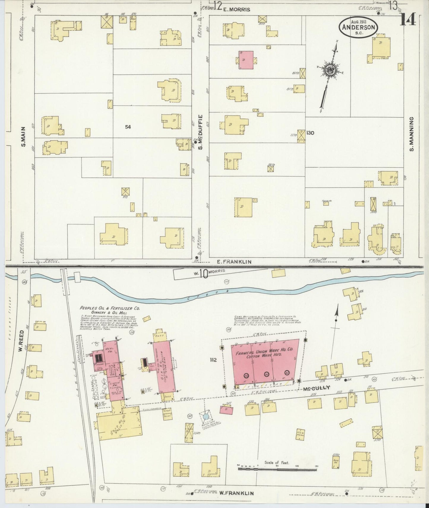 Sanborn Fire Insurance Map from Anderson, Anderson County, South Carolina (1911), Sheet #0014 - Historic Sanborn Fire Insurance Map Print, vintage old map wall art, antique decor, genealogy gift, South Carolina South Carolina map