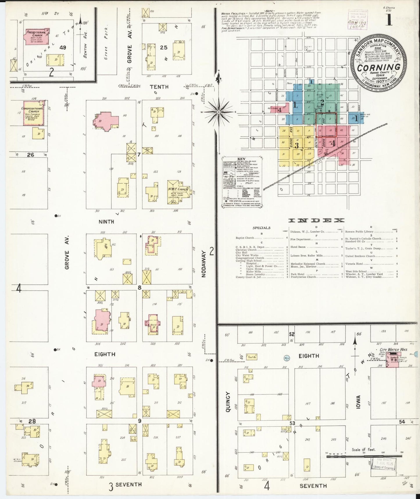 Sanborn Fire Insurance Map from Corning, Adams County, Iowa (1907), Sheet #0001 - Historic Sanborn Fire Insurance Map Print, vintage old map wall art