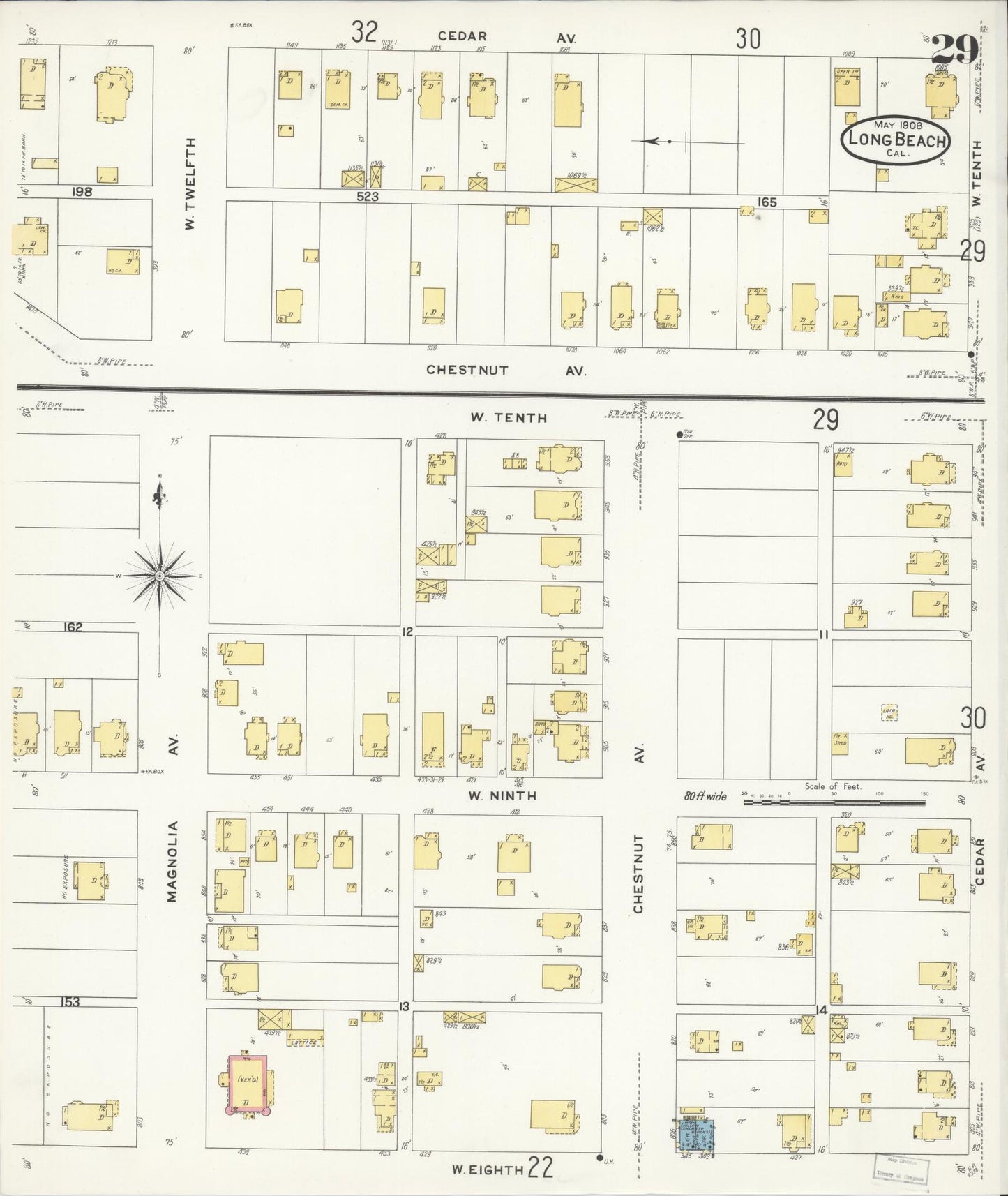 Sanborn Fire Insurance Map from Long Beach, Los Angeles County, California (1908), Sheet #0029 - Historic Sanborn Fire Insurance Map Print, vintage old map wall art, antique decor, genealogy gift, California California map