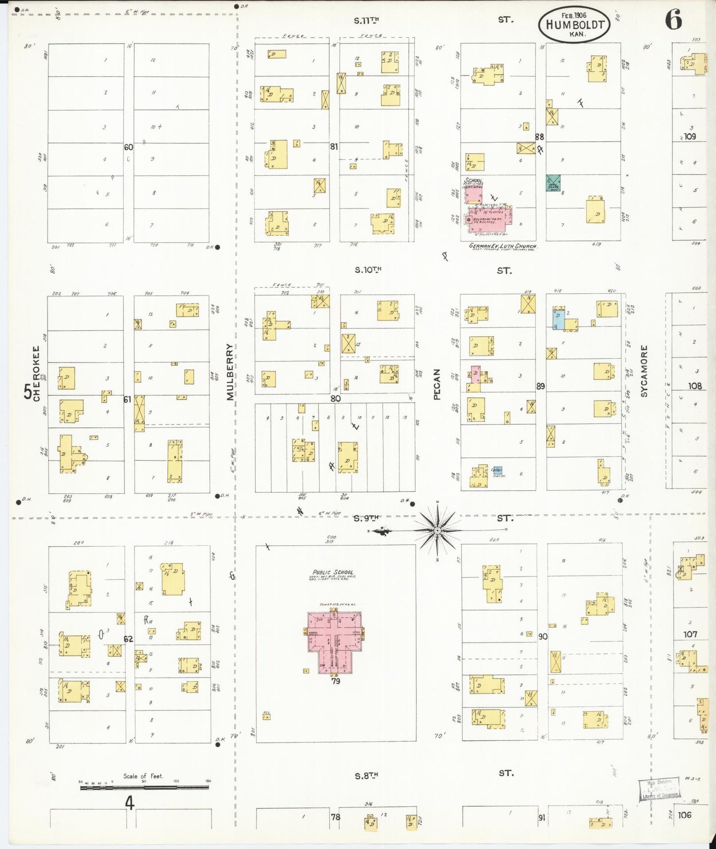 Sanborn Fire Insurance Map from Humboldt, Allen County, Kansas (1906), Sheet #0006 - Historic Sanborn Fire Insurance Map Print, vintage old map wall art, antique decor, genealogy gift, Kansas Kansas map