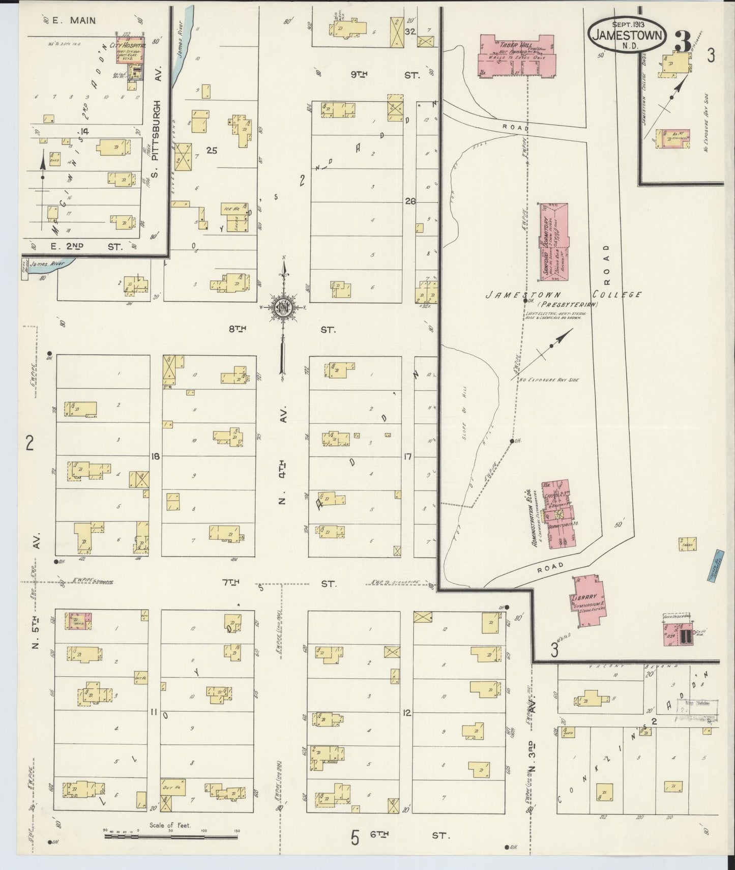 Sanborn Fire Insurance Map from Jamestown, Stutsman County, North Dakota (1913), Sheet #0003 - Historic Sanborn Fire Insurance Map Print, vintage old map wall art, antique decor, genealogy gift, North Dakota North Dakota map