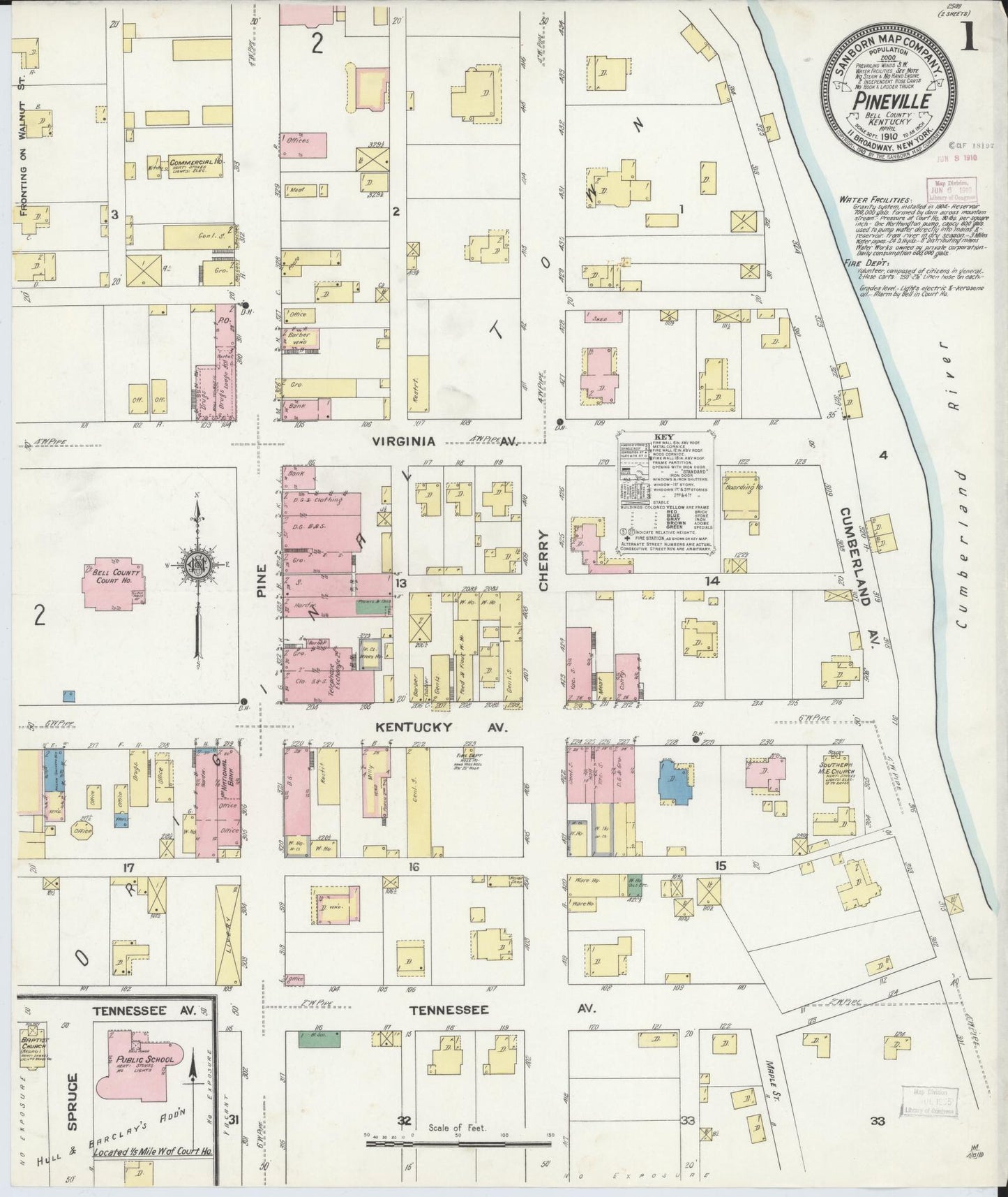 Sanborn Fire Insurance Map from Pineville, Bell County, Kentucky (1910), Sheet #0001 - Historic Sanborn Fire Insurance Map Print, vintage old map wall art, antique decor, genealogy gift, Kentucky Kentucky map