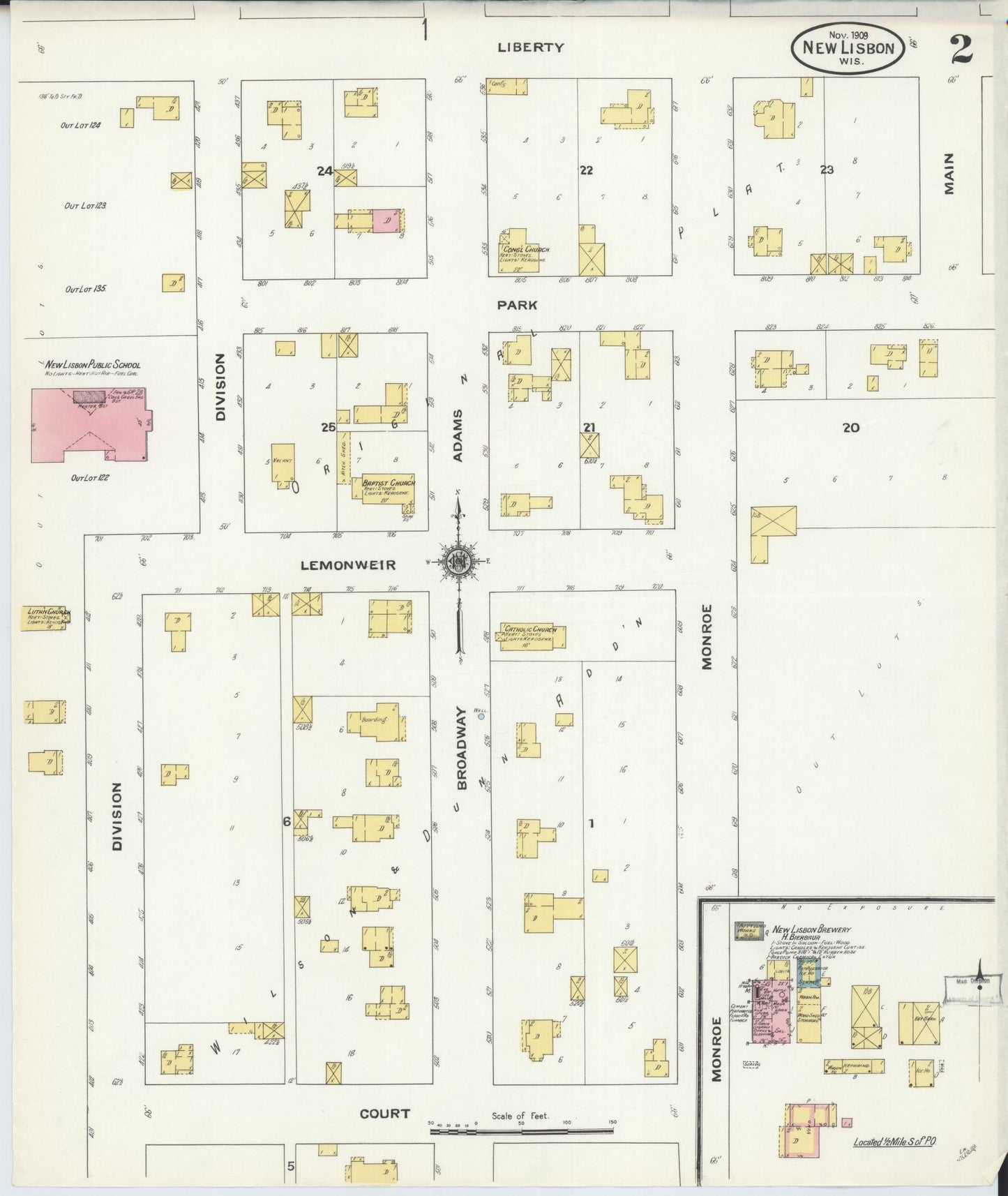 Sanborn Fire Insurance Map from New Lisbon, Juneau County, Wisconsin (1909), Sheet #0002 - Historic Sanborn Fire Insurance Map Print, vintage old map wall art, antique decor, genealogy gift, Wisconsin Wisconsin map