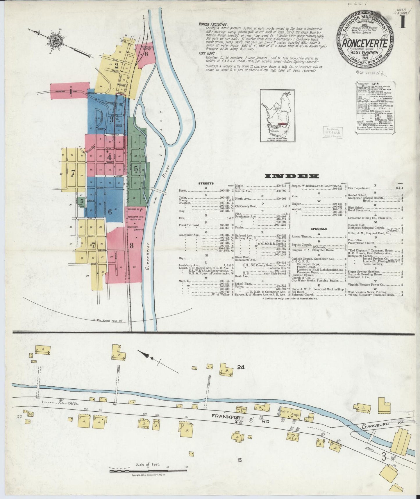 Sanborn Fire Insurance Map from Ronceverte, Greenbrier County, West Virginia (1921), Sheet #0001 - Historic Sanborn Fire Insurance Map Print, vintage old map wall art, antique decor, genealogy gift, West Virginia West Virginia map
