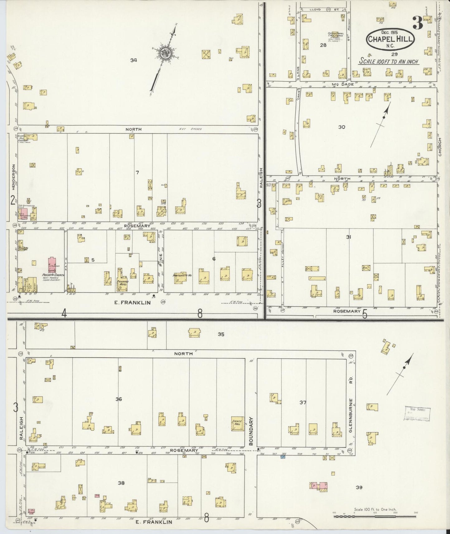 Sanborn Fire Insurance Map from Chapel Hill, Orange County, North Carolina (1915), Sheet #0003 - Historic Sanborn Fire Insurance Map Print, vintage old map wall art, antique decor, genealogy gift, North Carolina North Carolina map