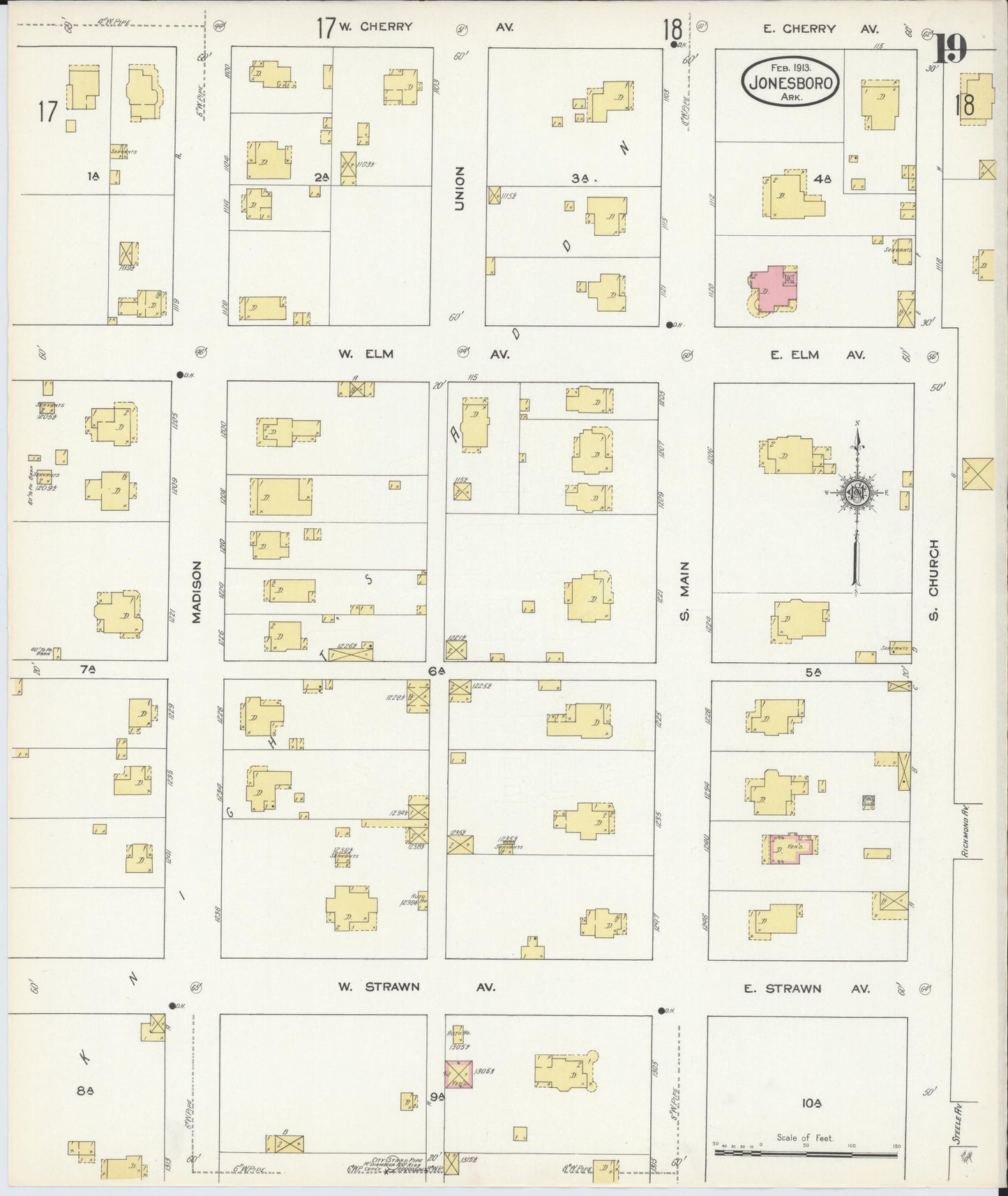 Sanborn Fire Insurance Map from Jonesboro, Craighead County, Arkansas (1913), Sheet #0019 - Historic Sanborn Fire Insurance Map Print, vintage old map wall art, antique decor, genealogy gift, Arkansas Arkansas map