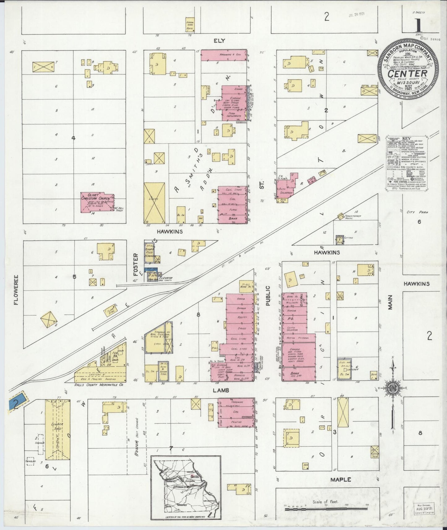 Sanborn Fire Insurance Map from Center, Ralls County, Missouri (1921), Sheet #0001 - Historic Sanborn Fire Insurance Map Print, vintage old map wall art, antique decor, genealogy gift, Missouri Missouri map