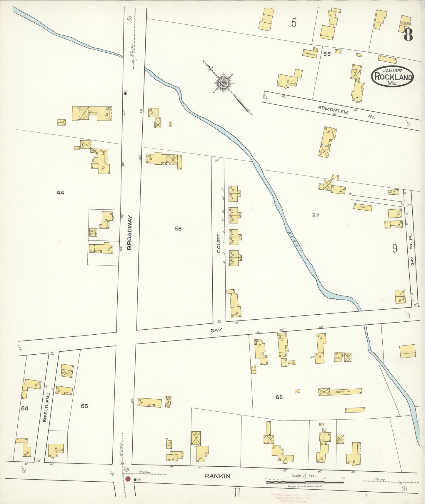 Sanborn Fire Insurance Map from Rockland, Knox County, Maine (1922), Sheet #0008 - Historic Sanborn Fire Insurance Map Print, vintage old map wall art, antique decor, genealogy gift, Maine Maine map