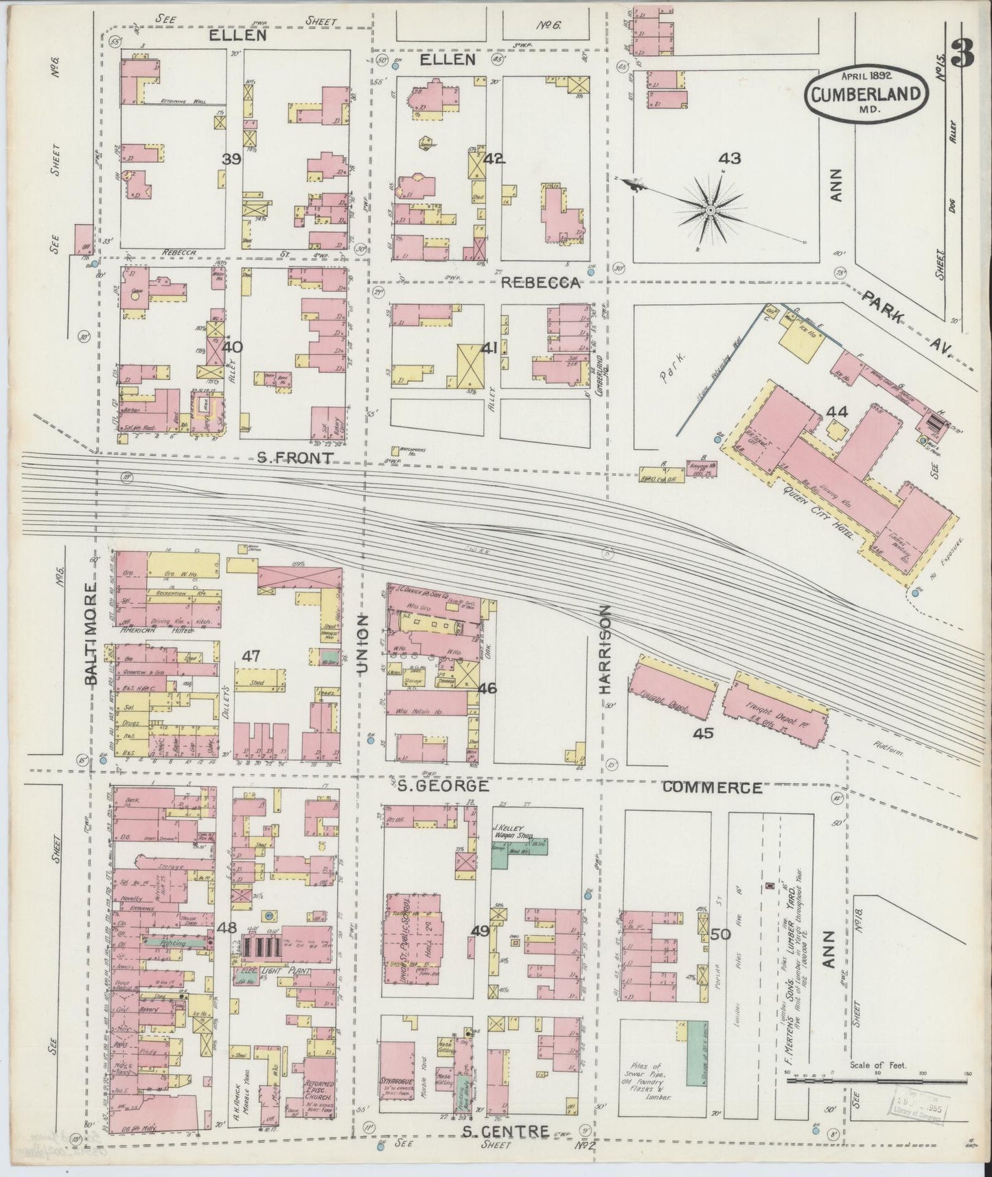 Sanborn Fire Insurance Map from Cumberland, Allegany County, Maryland (1892), Sheet #0003 - Historic Sanborn Fire Insurance Map Print, vintage old map wall art, antique decor, genealogy gift, Maryland Maryland map
