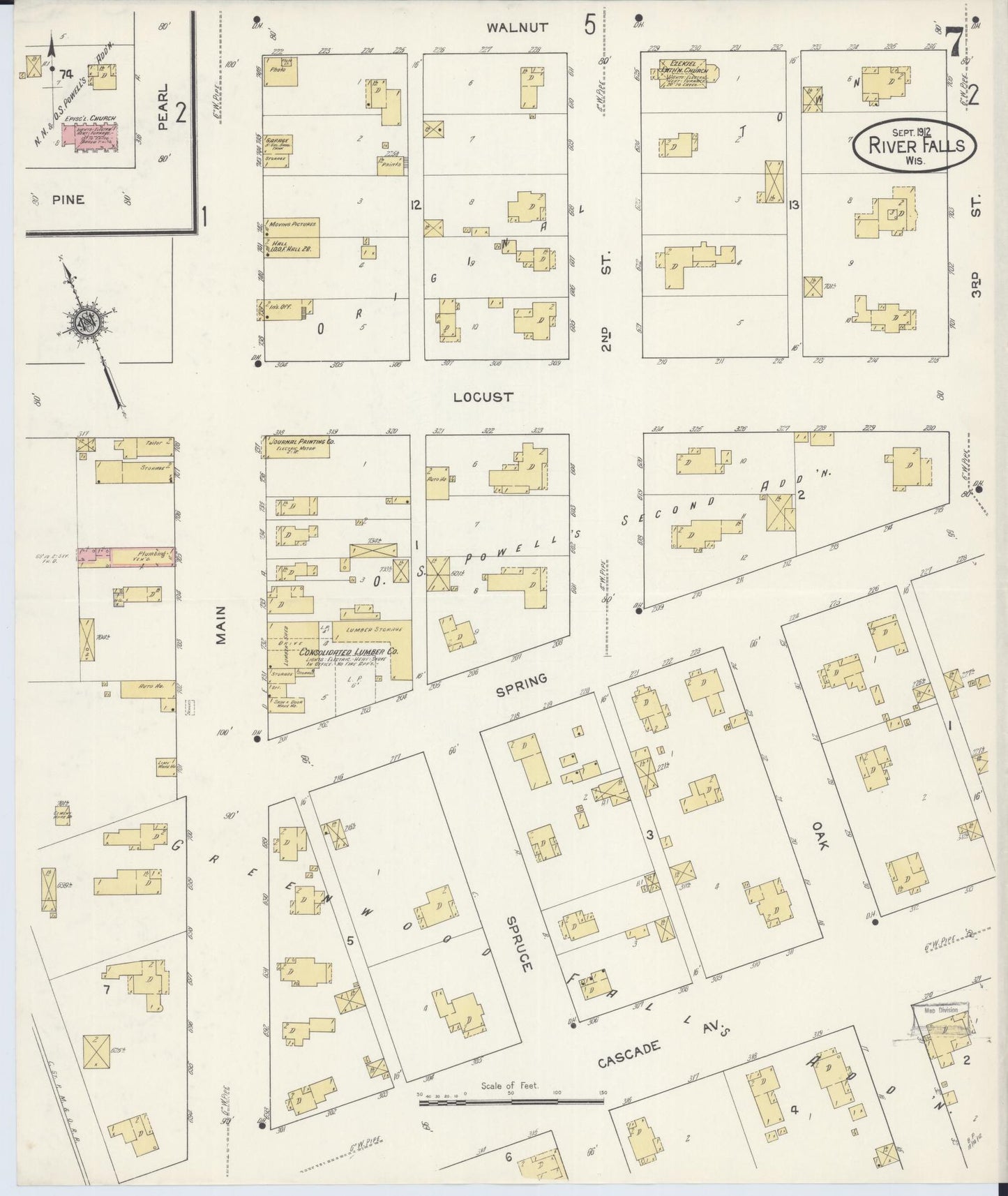 Sanborn Fire Insurance Map from River Falls, St. Croix and Pierce Counties, Wisconsin (1912), Sheet #0007 - Complete Map Set gallery image, historic Sanborn map, vintage wall art, Wisconsin Wisconsin