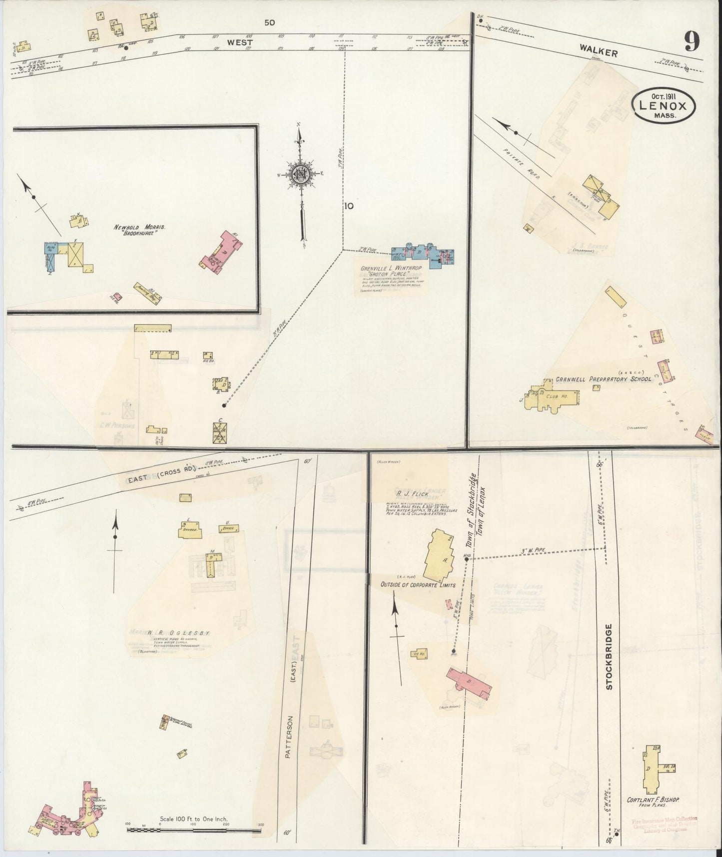 Sanborn Fire Insurance Map from Lenox, Berkshire County, Massachusetts (1939), Sheet #0009 - Historic Sanborn Fire Insurance Map Print, vintage old map wall art, antique decor, genealogy gift, Massachusetts Massachusetts map