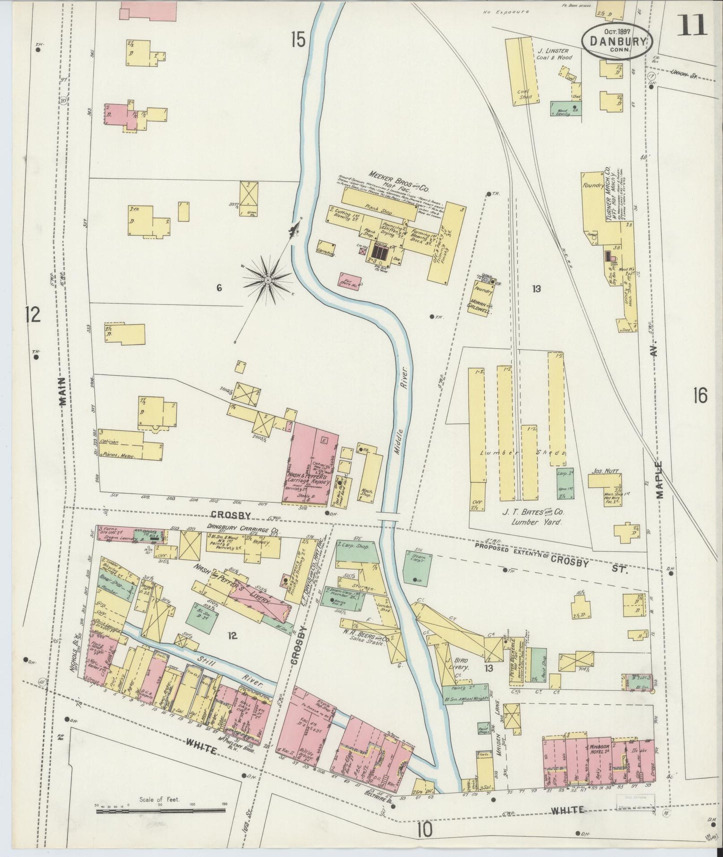 Sanborn Fire Insurance Map from Danbury, Fairfield County, Connecticut (1897), Sheet #0011 - Historic Sanborn Fire Insurance Map Print, vintage old map wall art, antique decor, genealogy gift, Connecticut Connecticut map