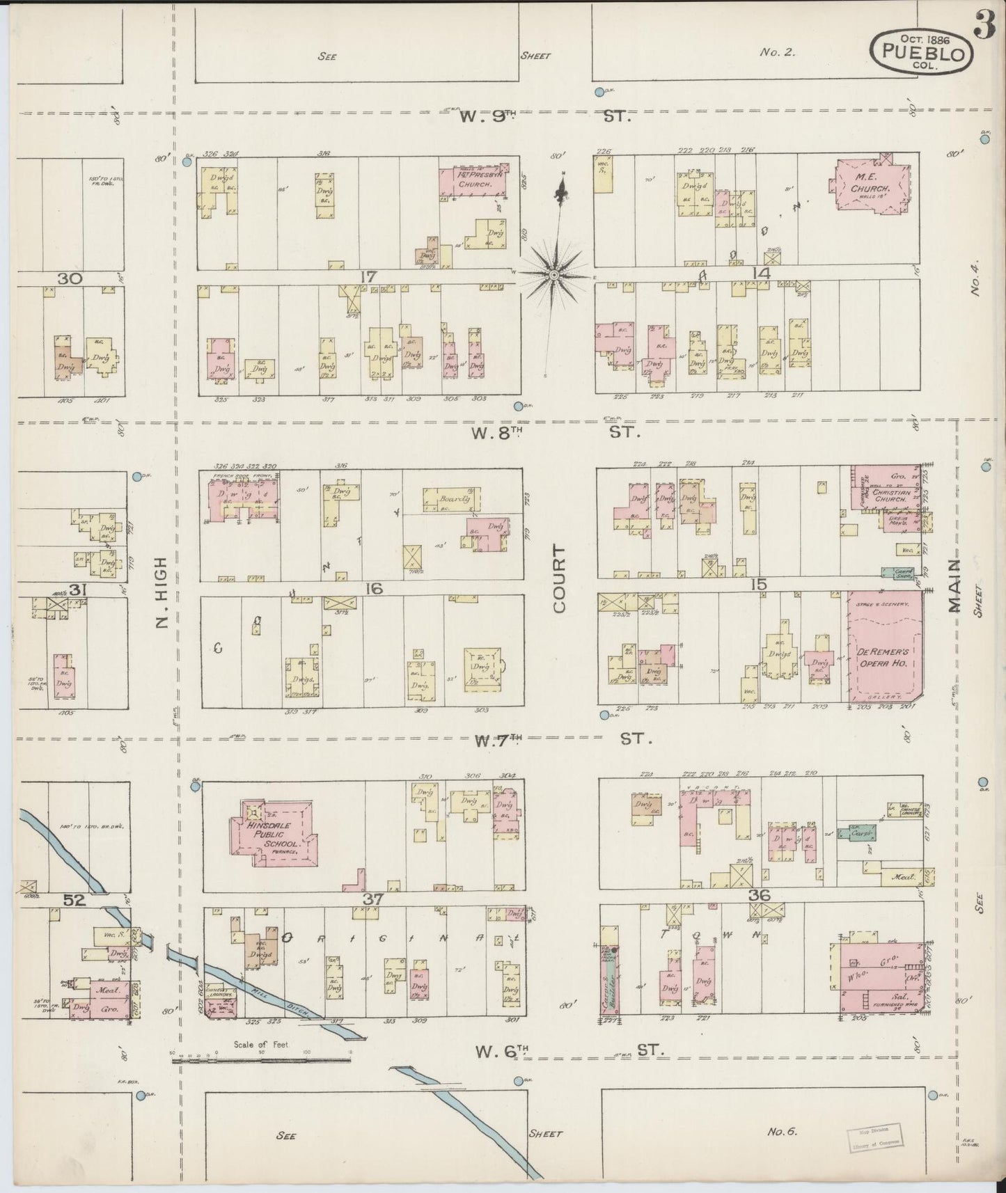 Sanborn Fire Insurance Map from Pueblo, Pueblo County, Colorado (1886), Sheet #0003 - Historic Sanborn Fire Insurance Map Print, vintage old map wall art, antique decor, genealogy gift, Colorado Colorado map
