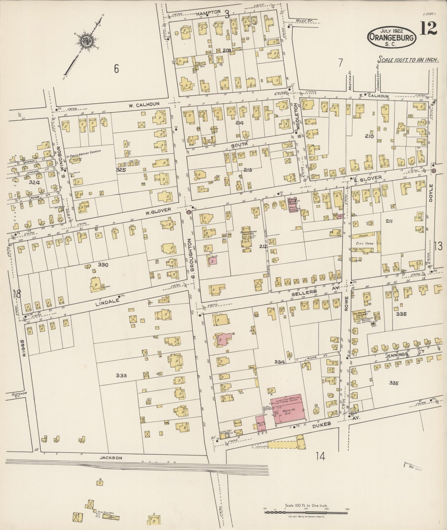 Sanborn Fire Insurance Map from Orangeburg, Orangeburg County, South Carolina (1922), Sheet #0012 - Historic Sanborn Fire Insurance Map Print, vintage old map wall art, antique decor, genealogy gift, South Carolina South Carolina map