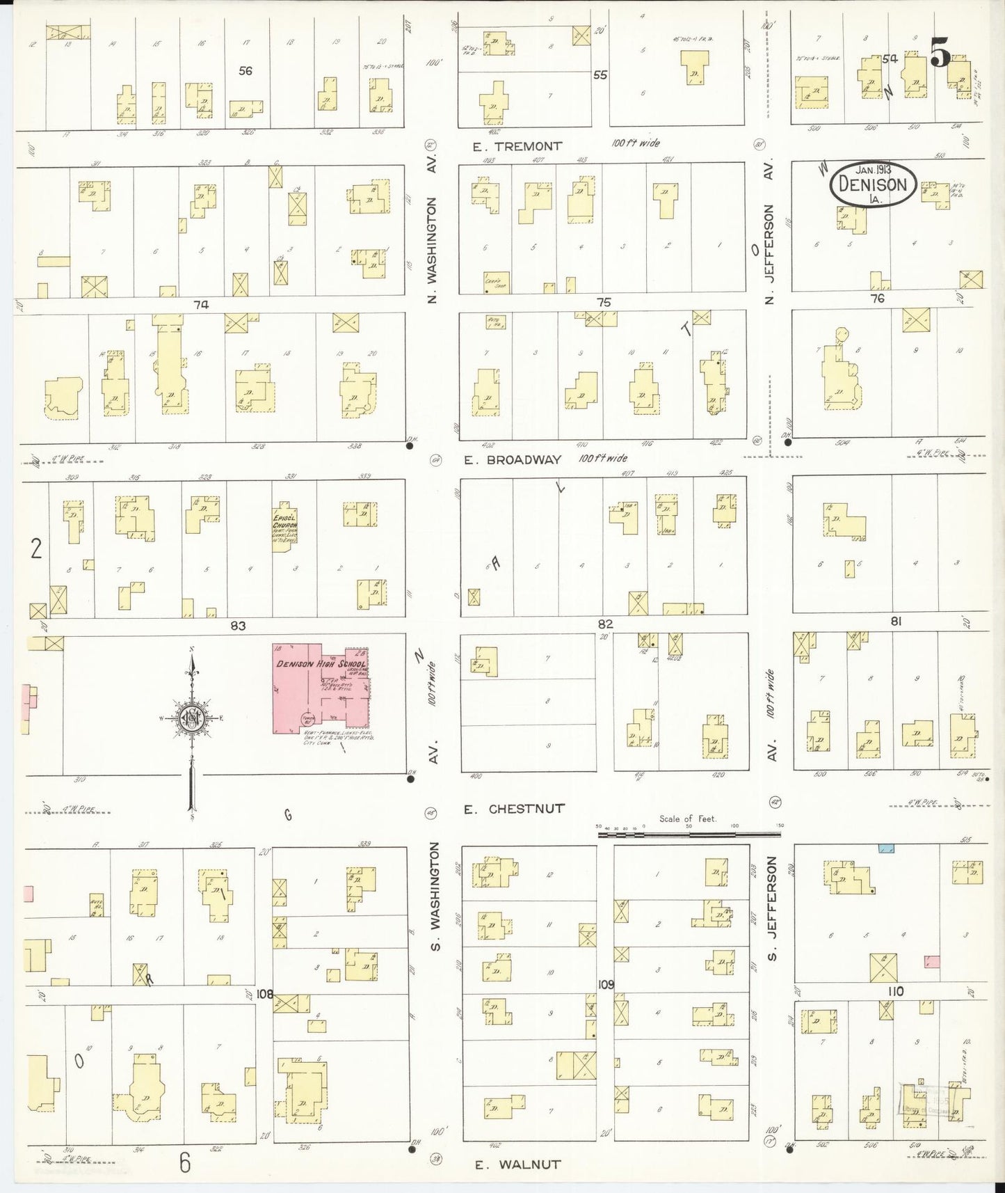 Sanborn Fire Insurance Map from Denison, Crawford County, Iowa (1913), Sheet #0005 - Historic Sanborn Fire Insurance Map Print, vintage old map wall art